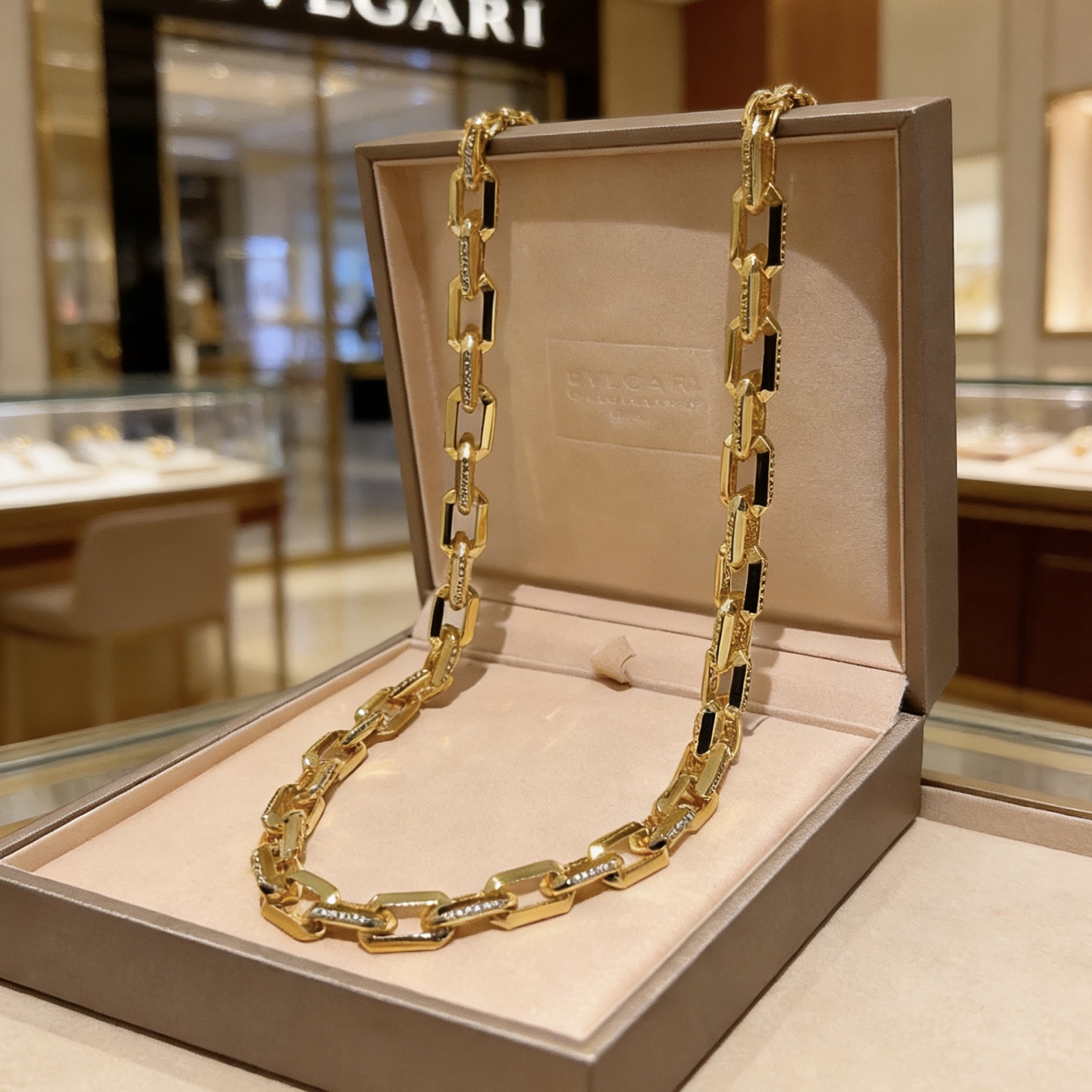 Bvlgari Bvlgari Bvlgari Chain necklace 18k yellow gold with clear diamond accents and black enamel detailing 50cm