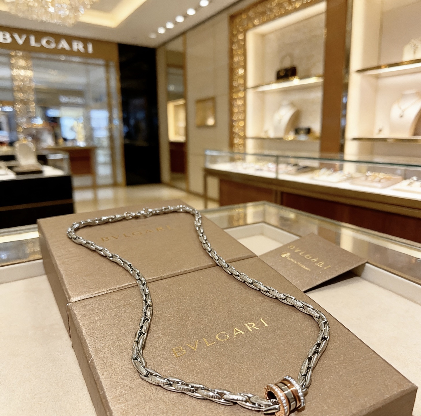 Bvlgari B zero1 necklace silver-toned white gold rose gold clear diamond accents 50cm