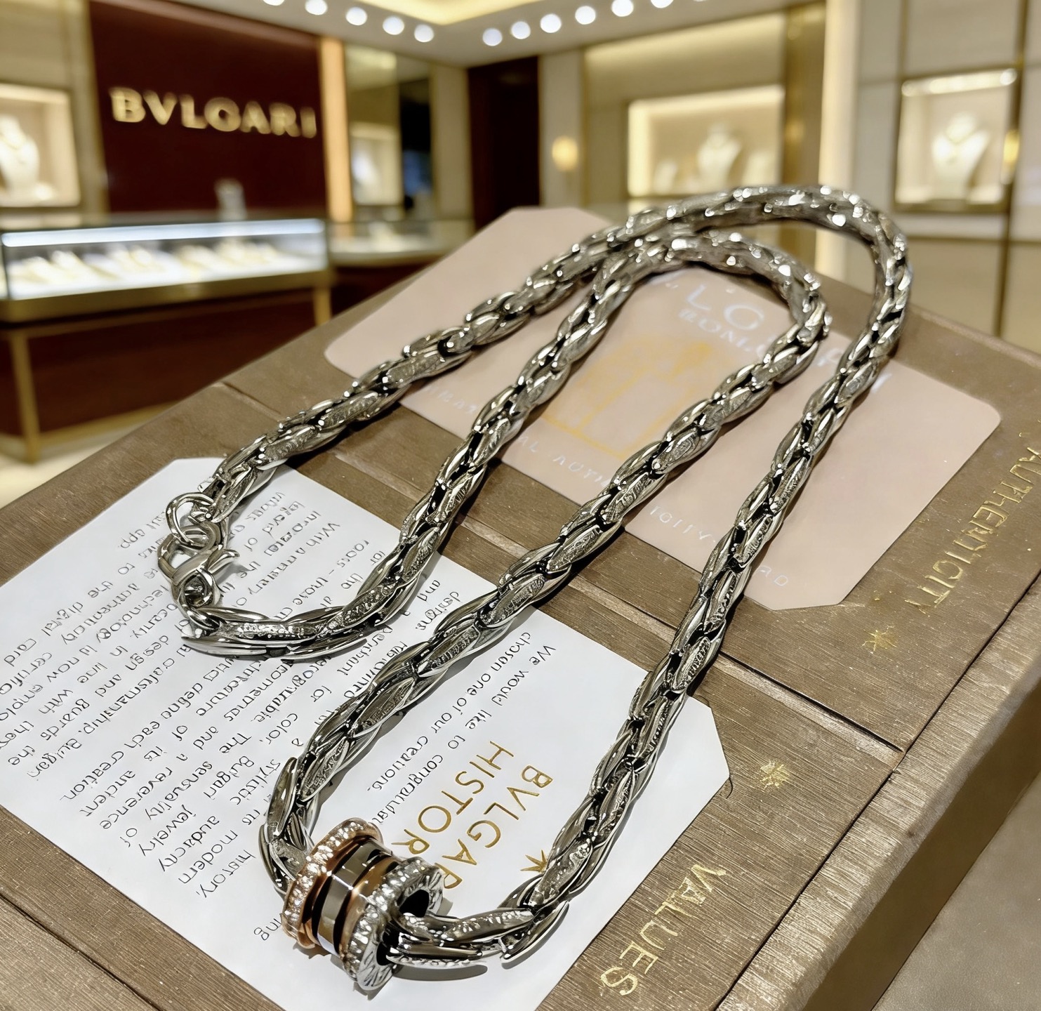 Bvlgari B zero1 necklace silver-toned white gold rose gold clear diamond accents 50cm