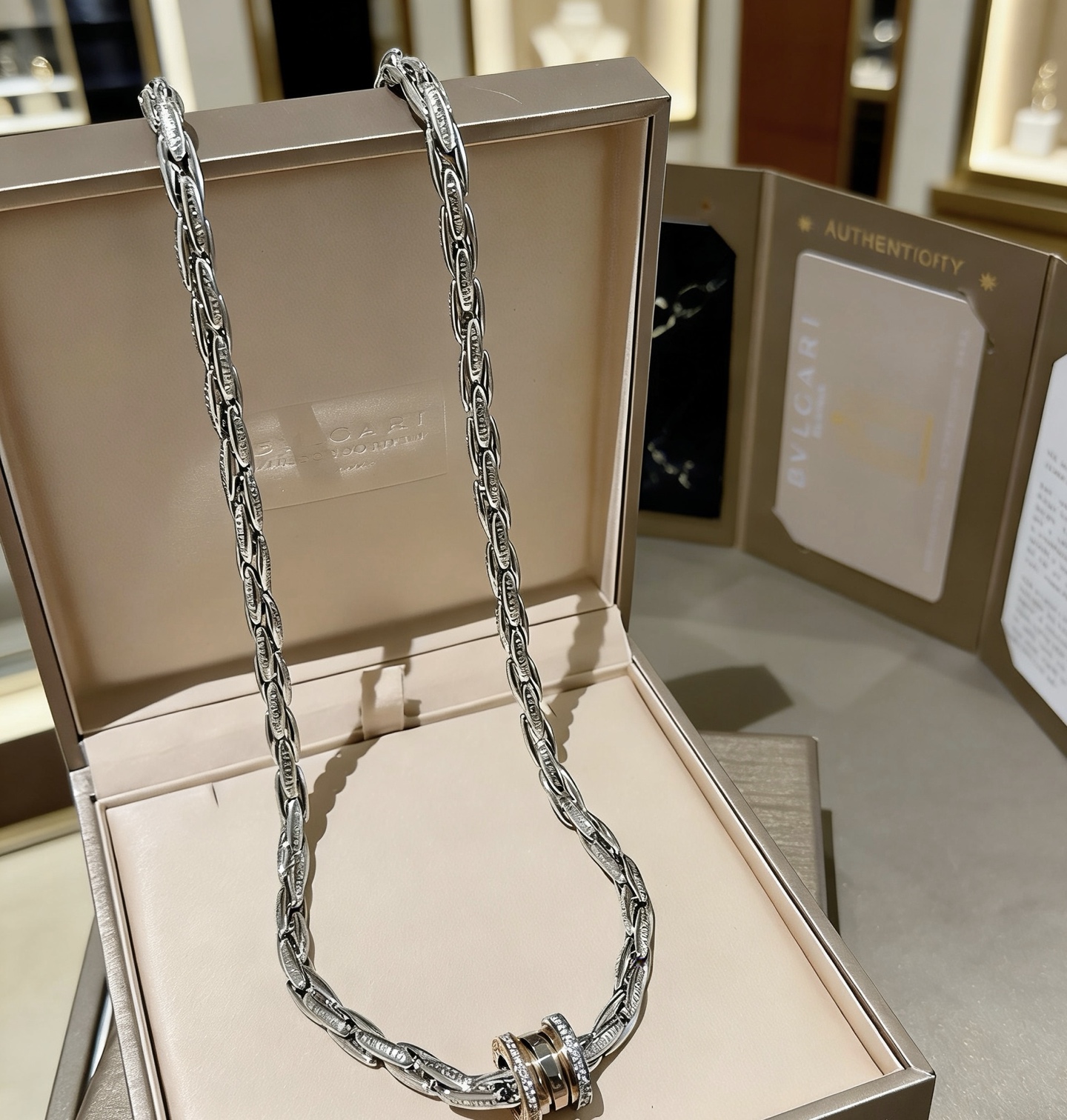 Bvlgari B zero1 necklace silver-toned white gold rose gold clear diamond accents 50cm