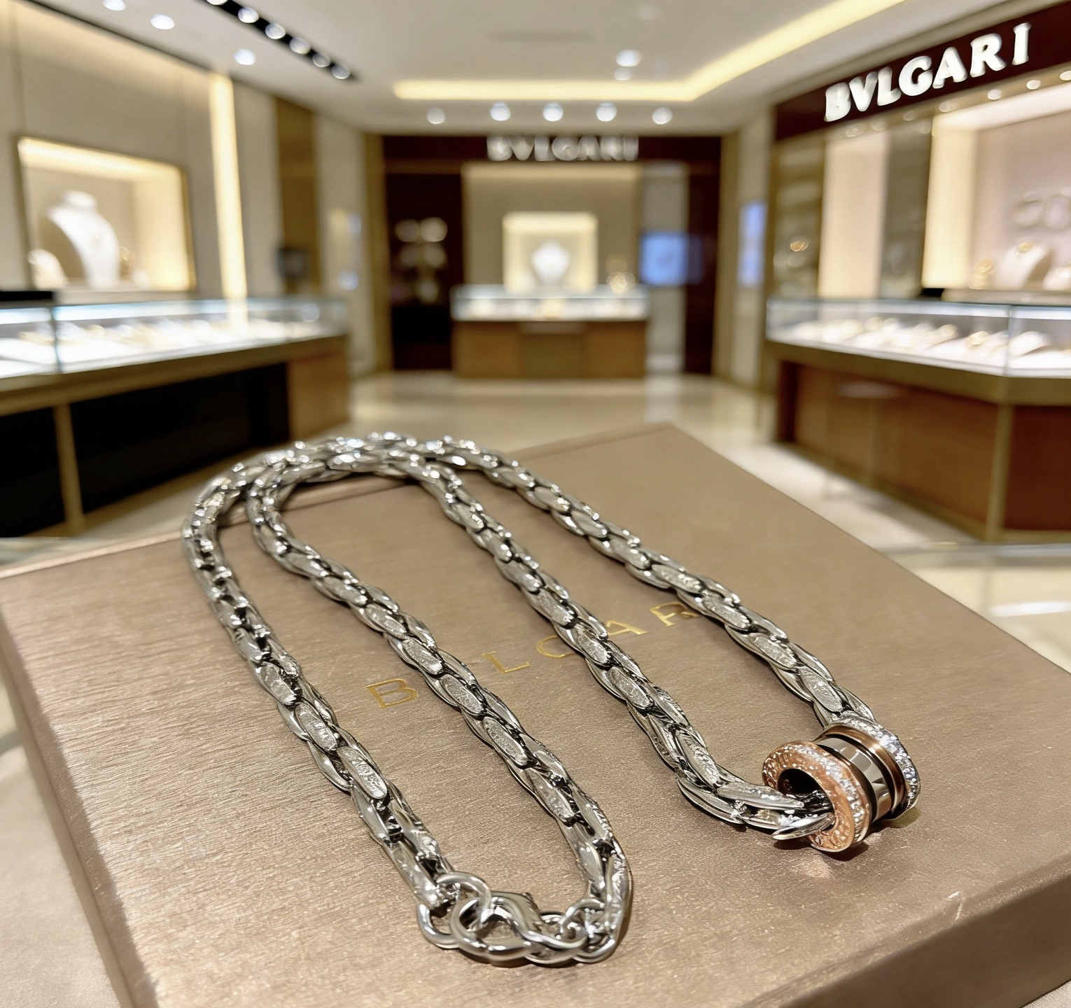 Bvlgari B zero1 necklace silver-toned white gold rose gold clear diamond accents 50cm