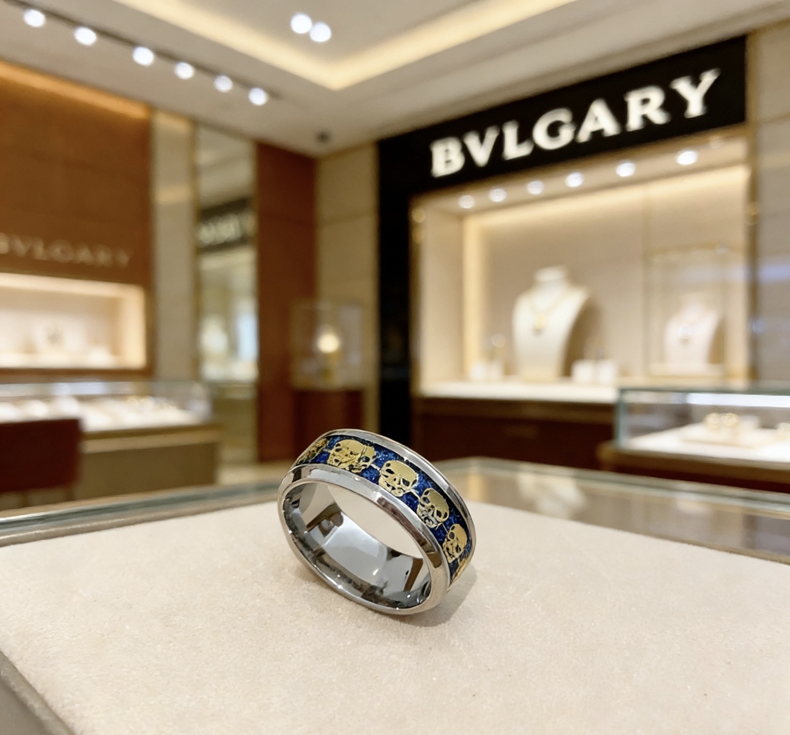 Bvlgari Bvlgari V ring silver-toned metal gold accents blue enamel 10
