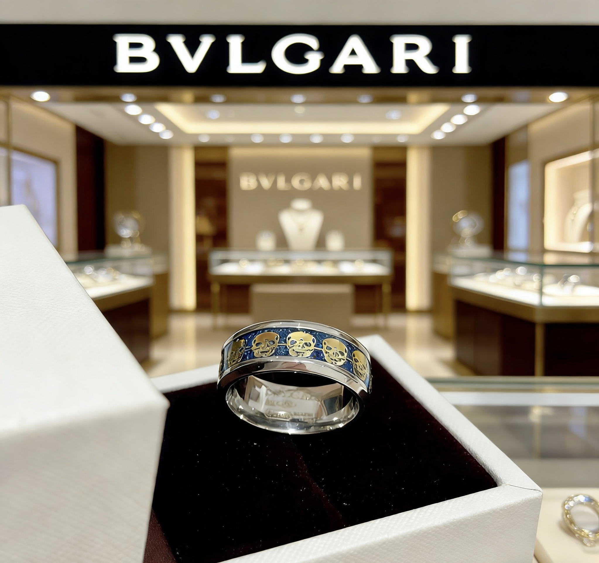 Bvlgari Bvlgari V ring silver-toned metal gold accents blue enamel 10