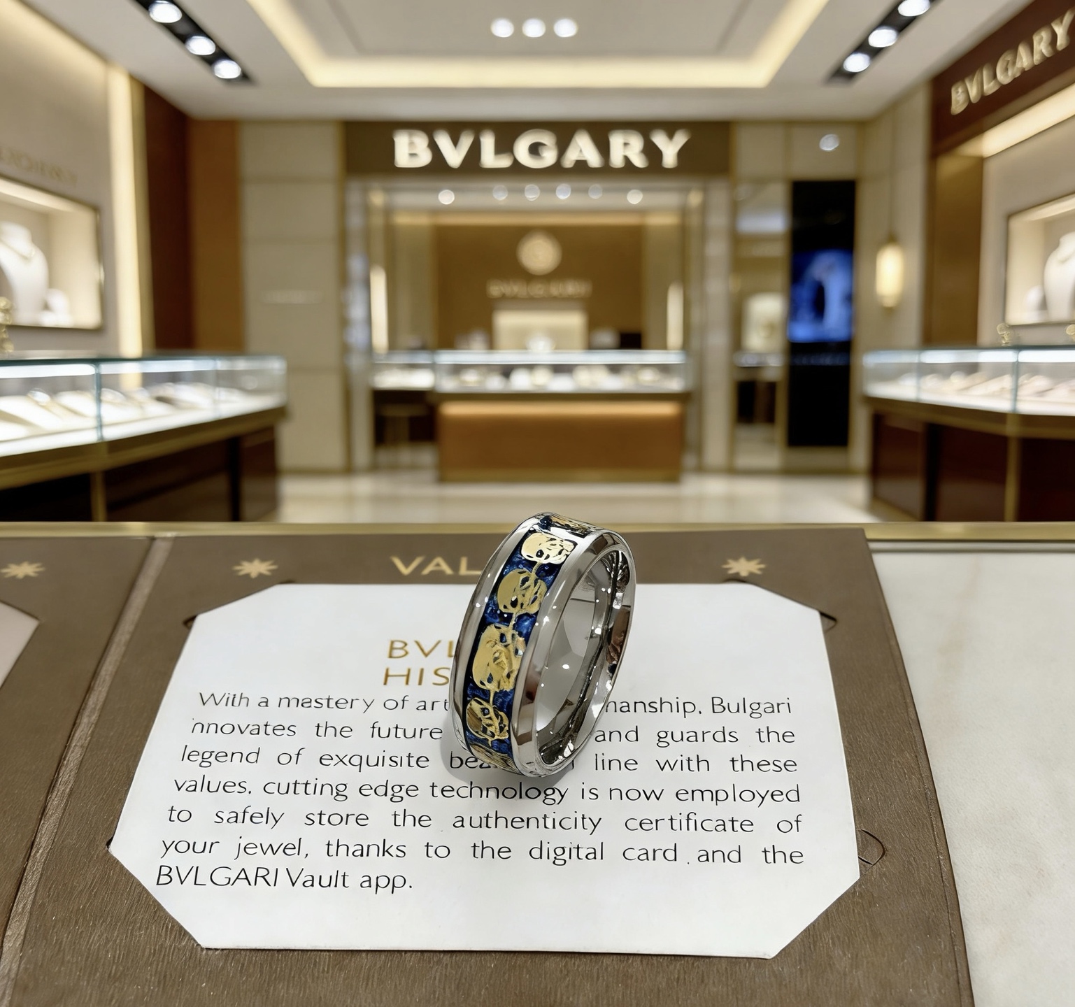 Bvlgari Bvlgari V ring silver-toned metal gold accents blue enamel 10
