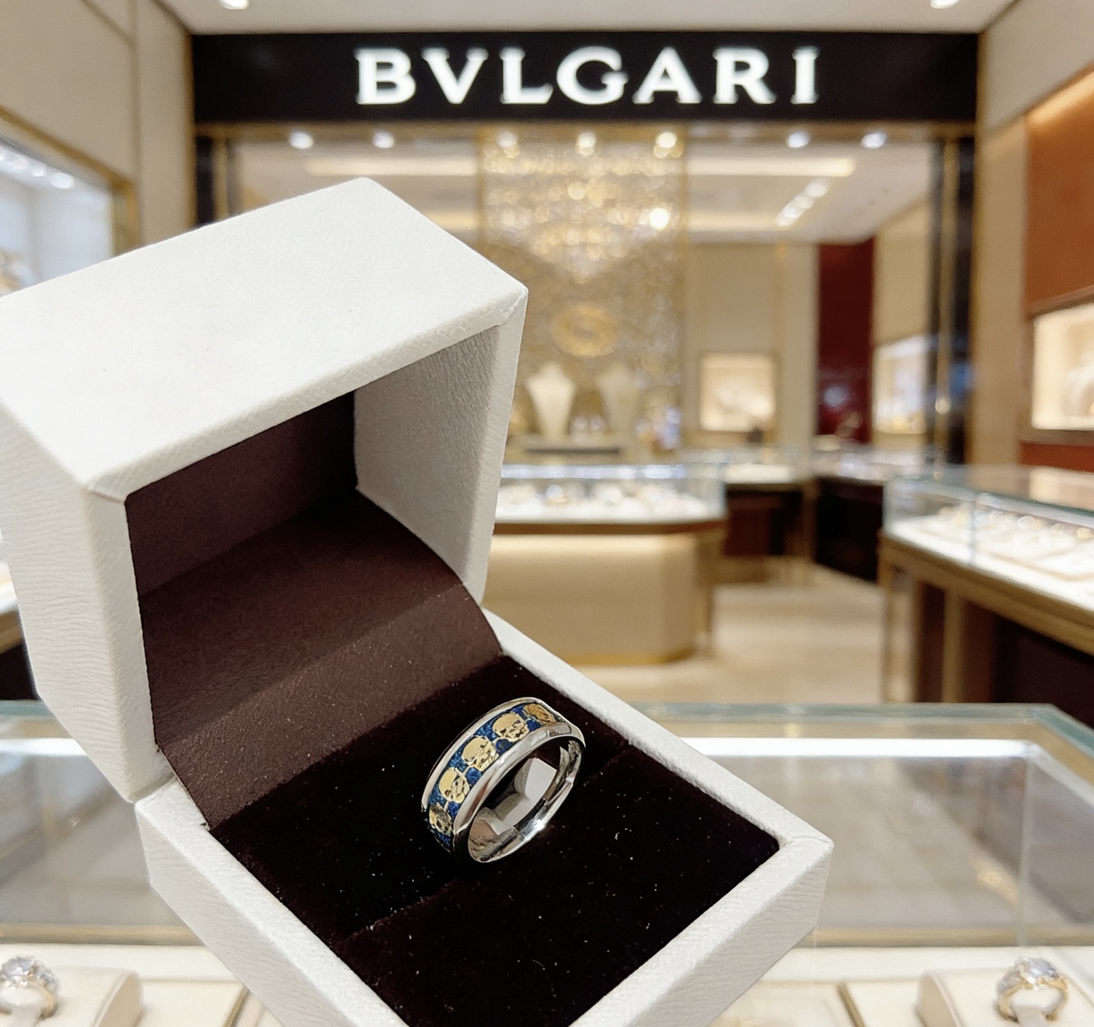 Bvlgari Bvlgari V ring silver-toned metal gold accents blue enamel 10