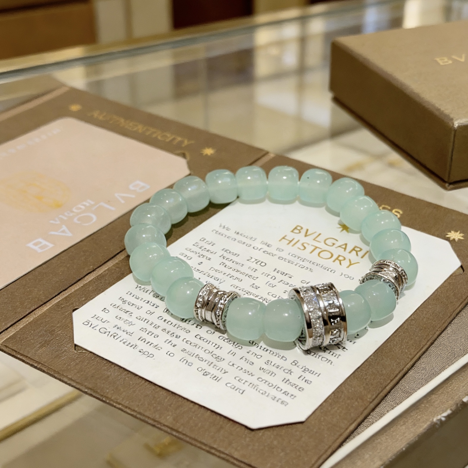 Bvlgari B zero1 bracelet Silver-toned metal with pale aqua blue beads and clear diamond accents 18cm