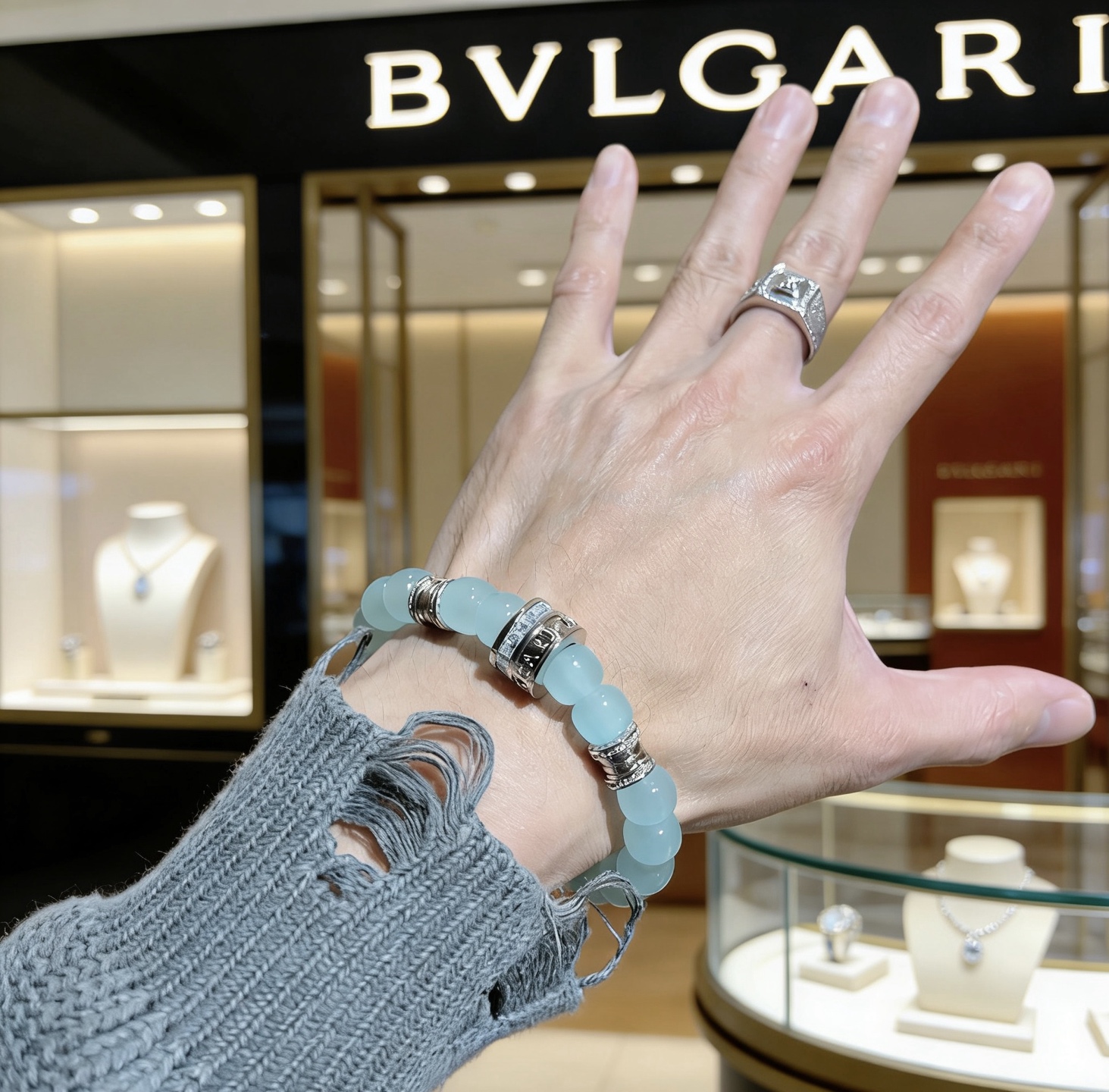 Bvlgari B zero1 bracelet Silver-toned metal with pale aqua blue beads and clear diamond accents 18cm