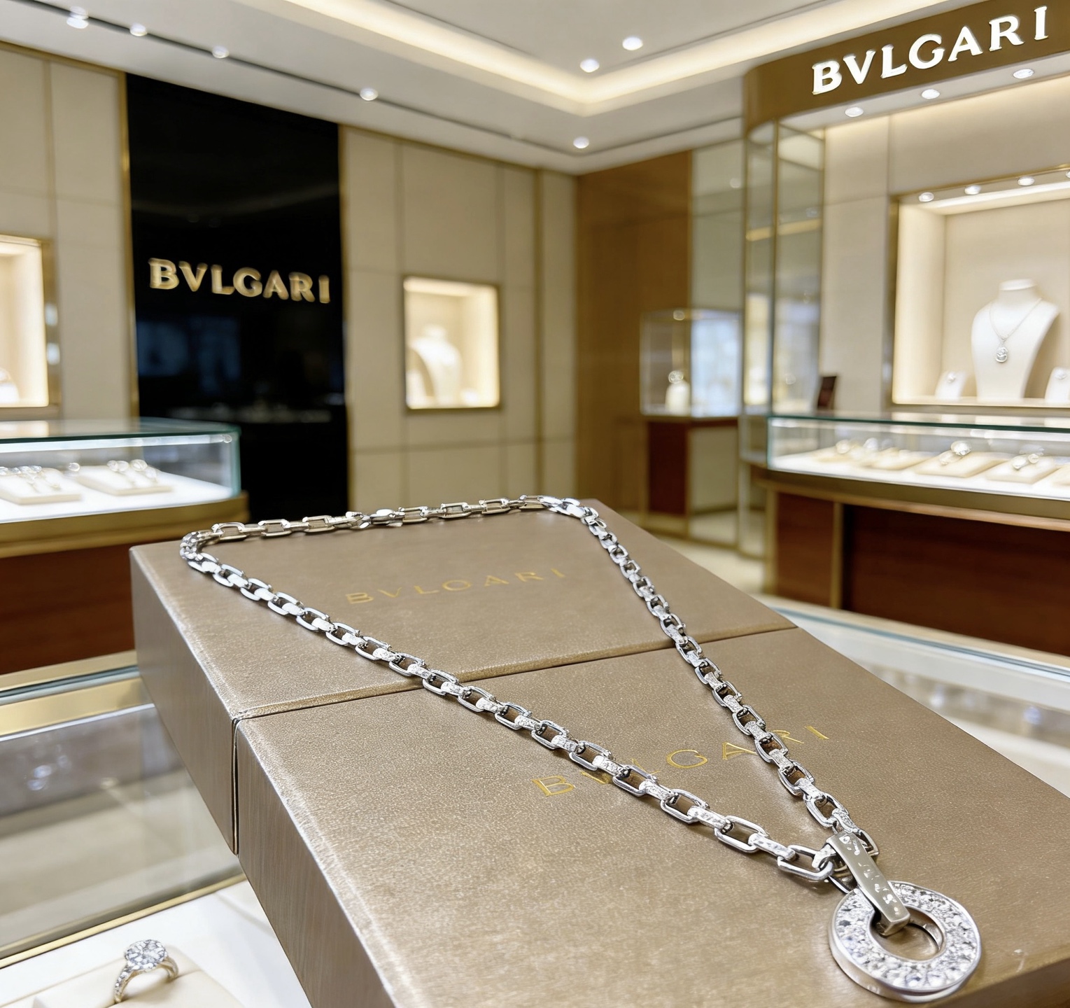 Bvlgari Bvlgari V necklace 18K white gold with pave diamonds 60cm