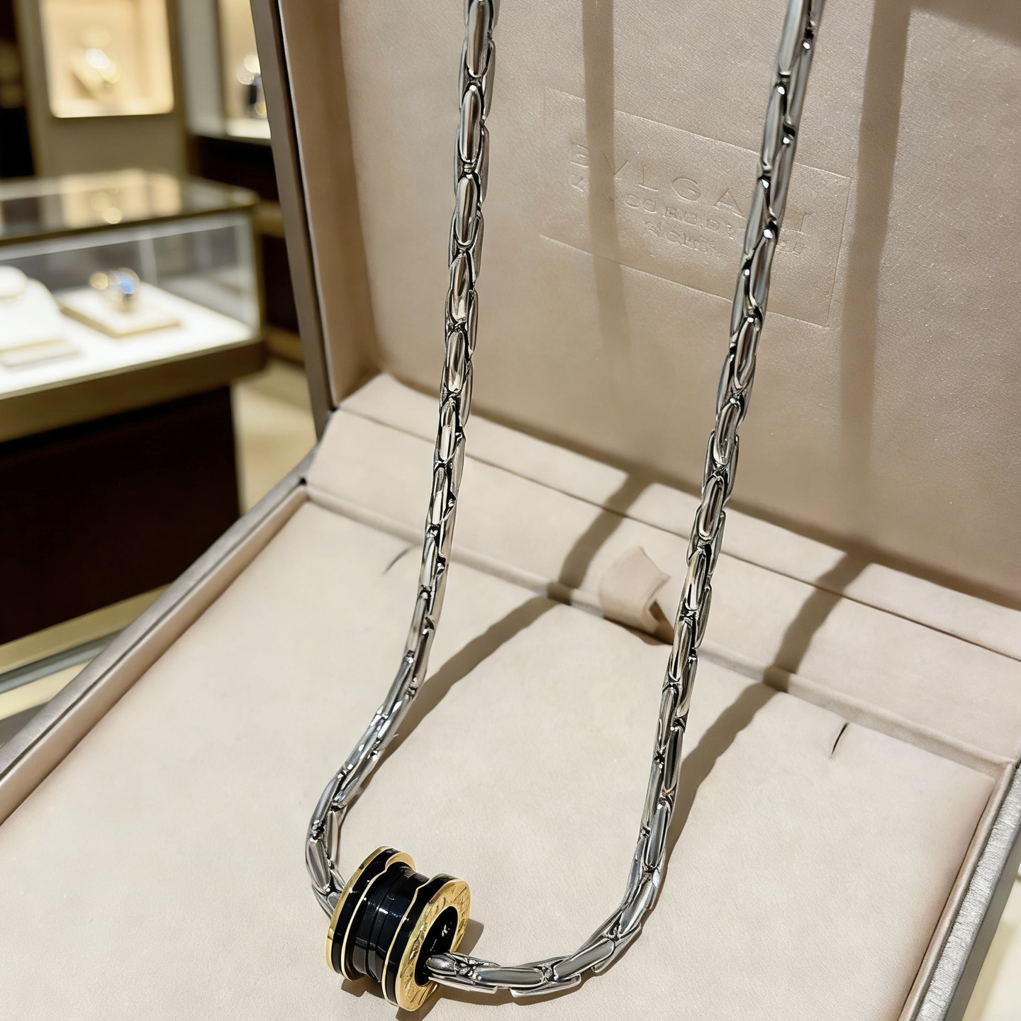 Bvlgari B zero1 necklace silver-toned stainless steel yellow gold accents black ceramic 60cm
