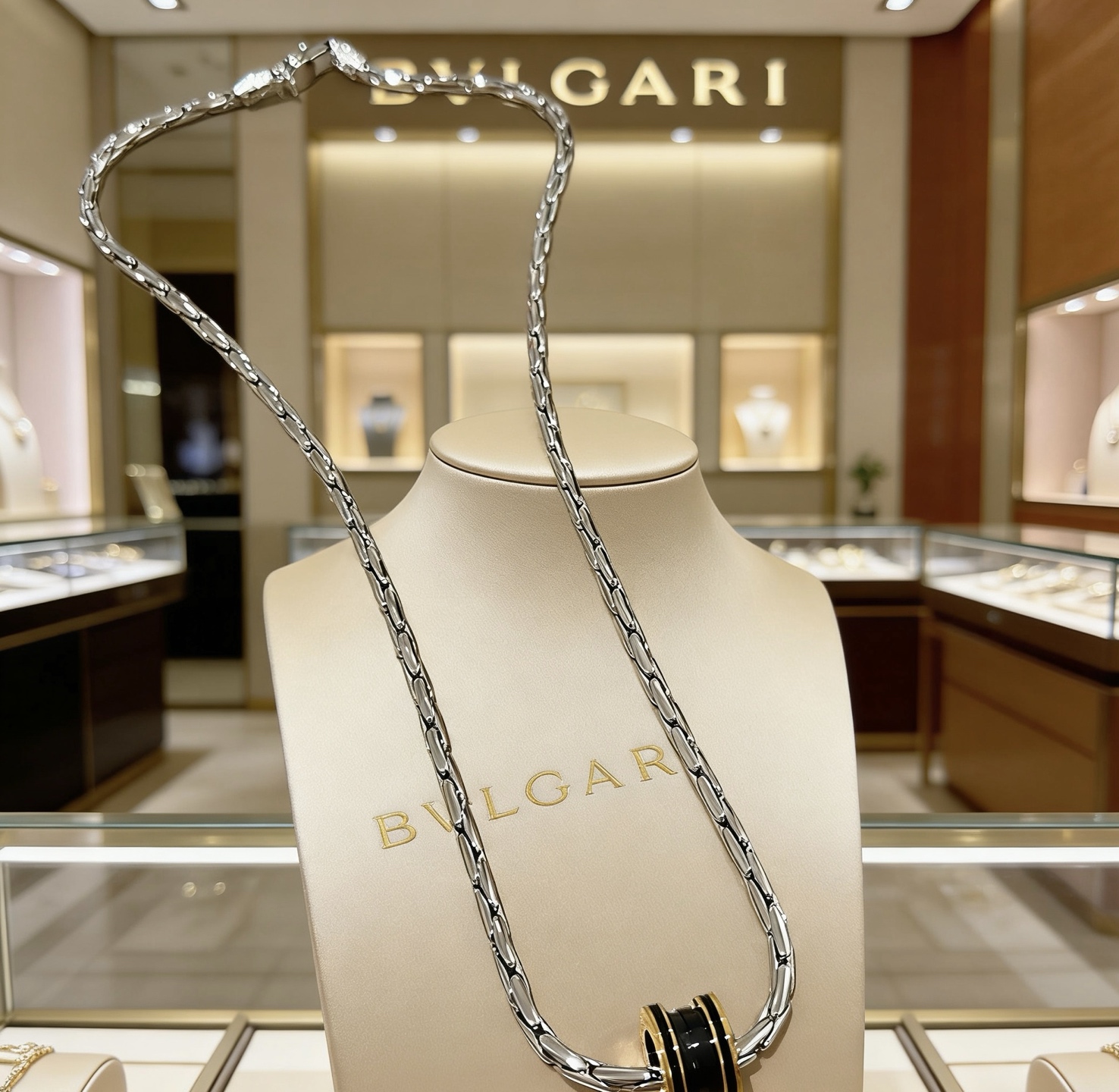 Bvlgari B zero1 necklace silver-toned stainless steel yellow gold accents black ceramic 60cm