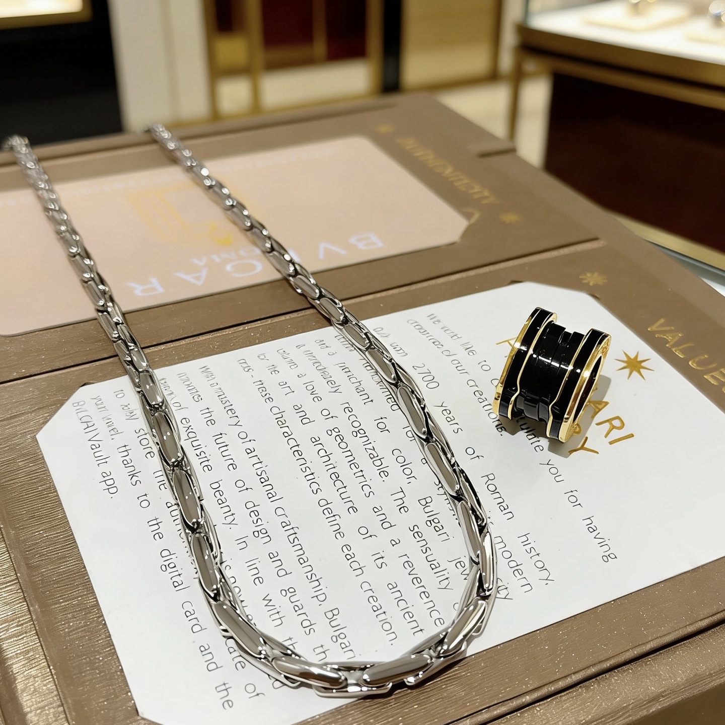 Bvlgari B zero1 necklace silver-toned stainless steel yellow gold accents black ceramic 60cm