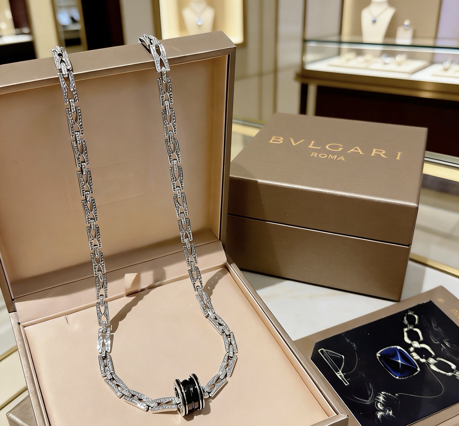 Bvlgari B zero1 necklace Silver-toned metal with black ceramic and pave clear diamonds 60cm