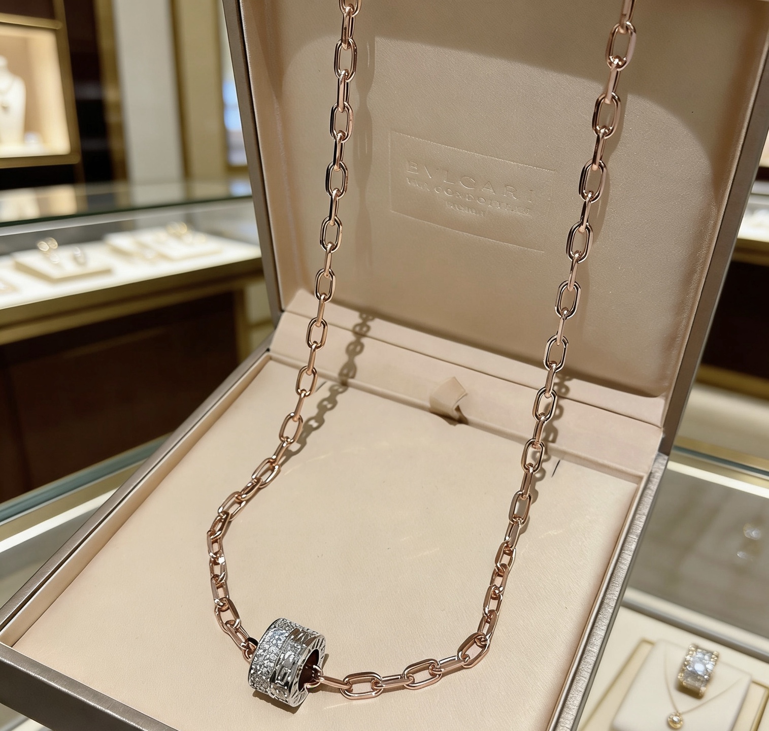 Bvlgari B zero1 necklace Rose gold chain white gold diamond-set pendant 60cm