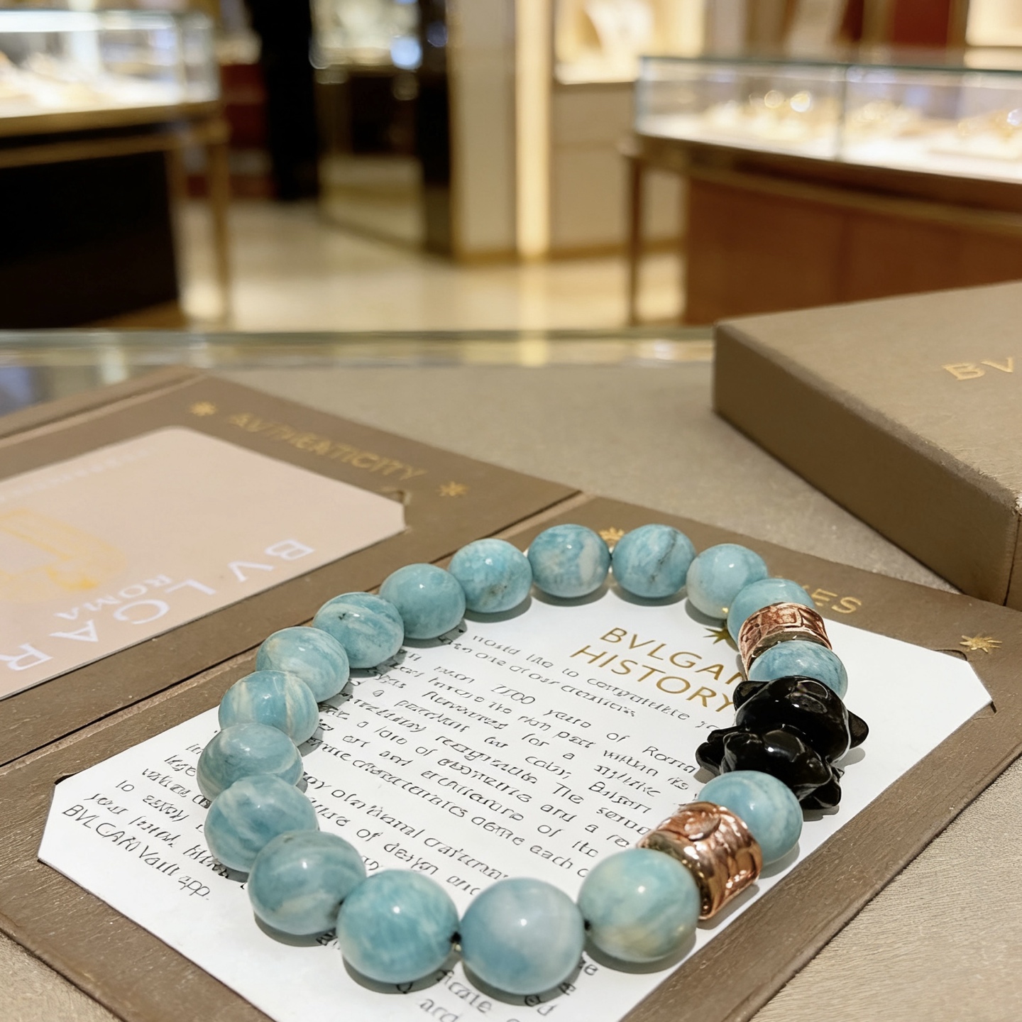 Bvlgari DIVAS DREAM bracelet rose gold light blue aquamarine beads black onyx charm 18