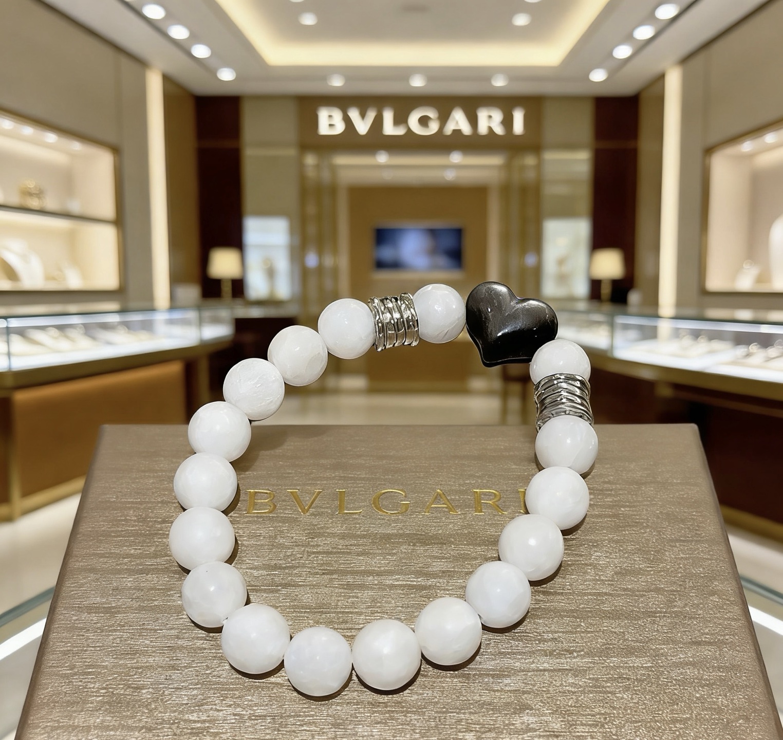 Bvlgari DIVAS DREAM bracelet silver-toned metal with white beads and black heart charm 18