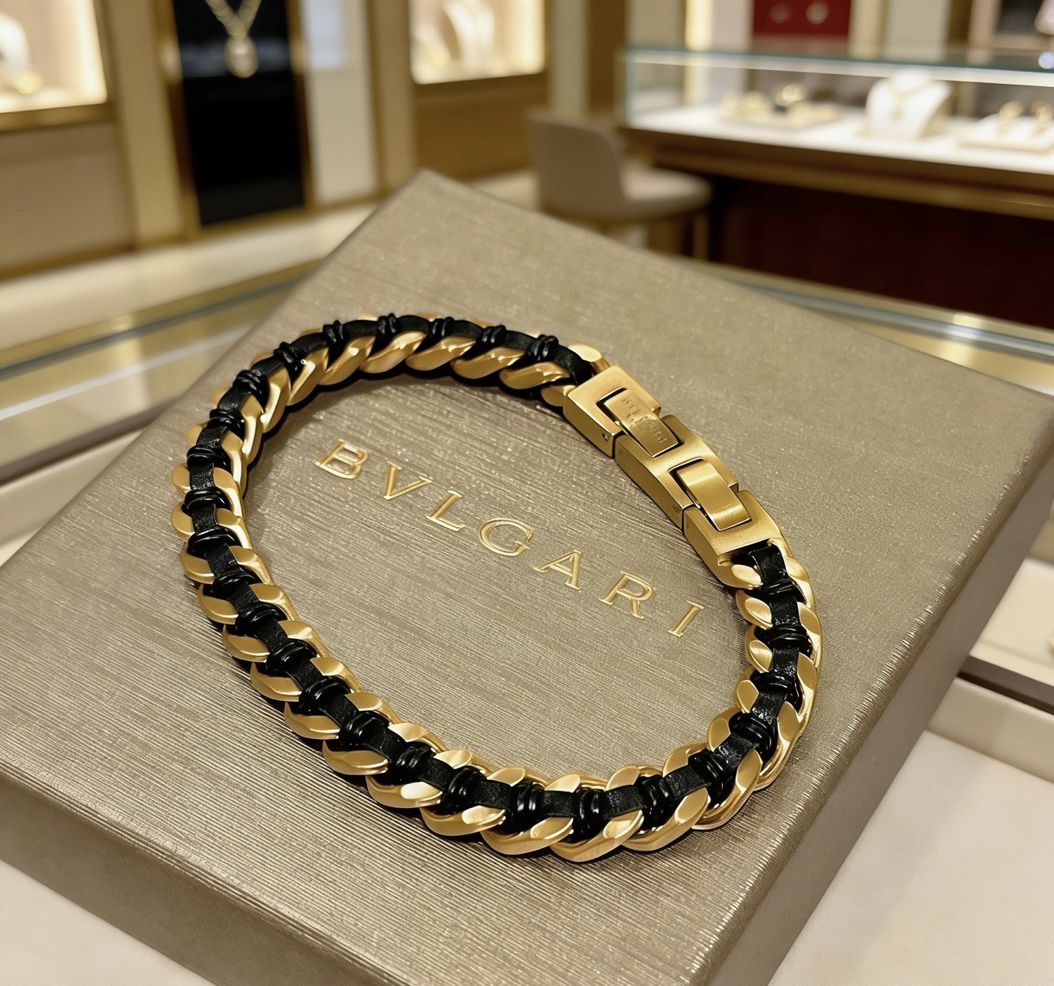 Bvlgari Bvlgari Bvlgari bracelet gold-tone metal with black leather braid 19cm