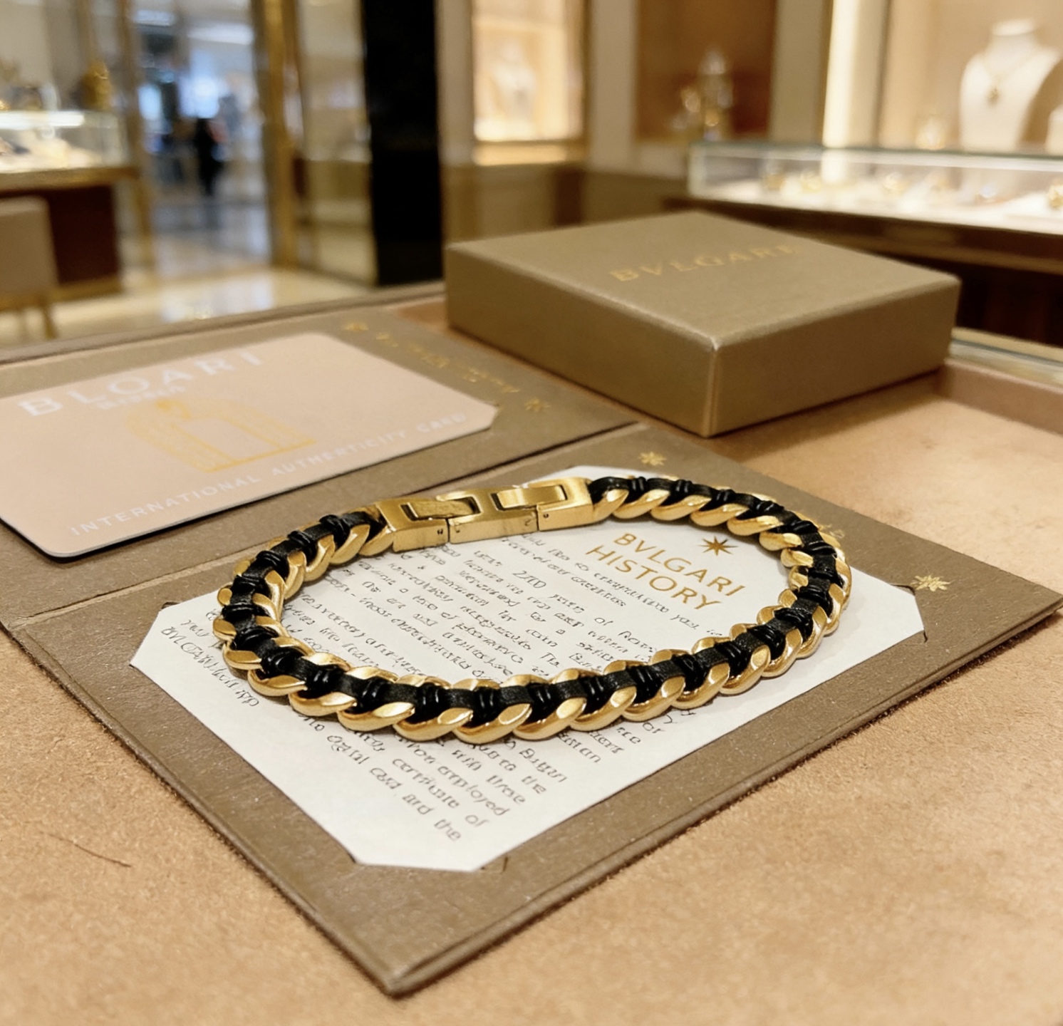 Bvlgari Bvlgari Bvlgari bracelet gold-tone metal with black leather braid 19cm