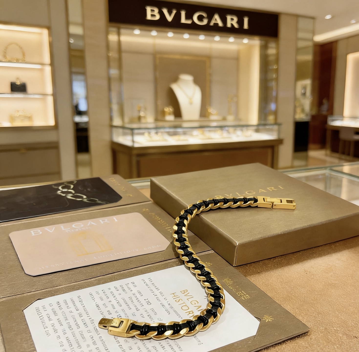 Bvlgari Bvlgari Bvlgari bracelet gold-tone metal with black leather braid 19cm