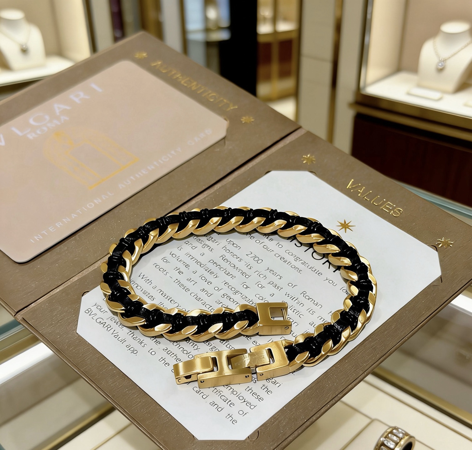 Bvlgari Bvlgari Bvlgari bracelet gold-tone metal with black leather braid 19cm