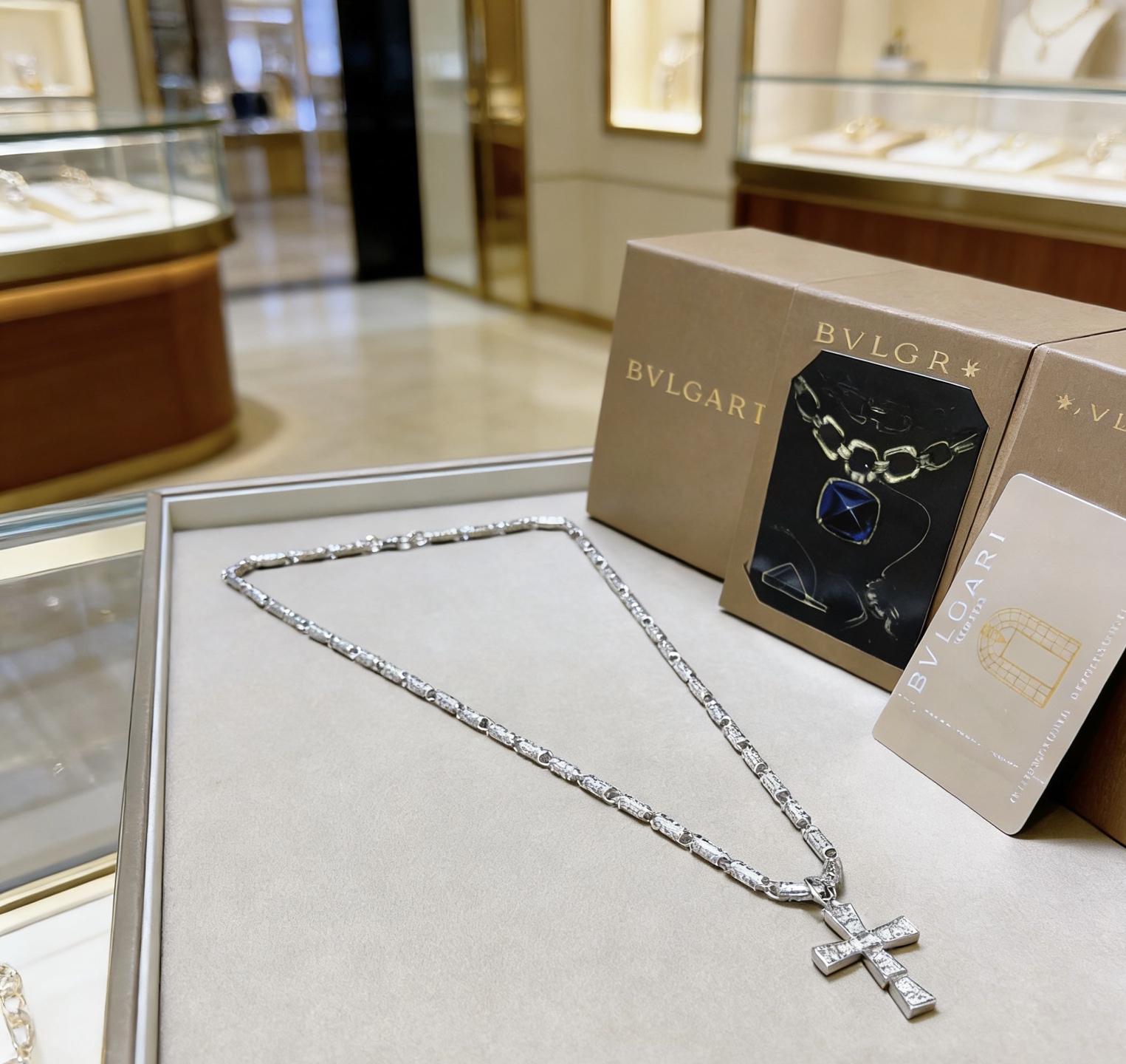Bvlgari Serpenti Cross Pendant necklace 18K white gold with diamond accents 60cm