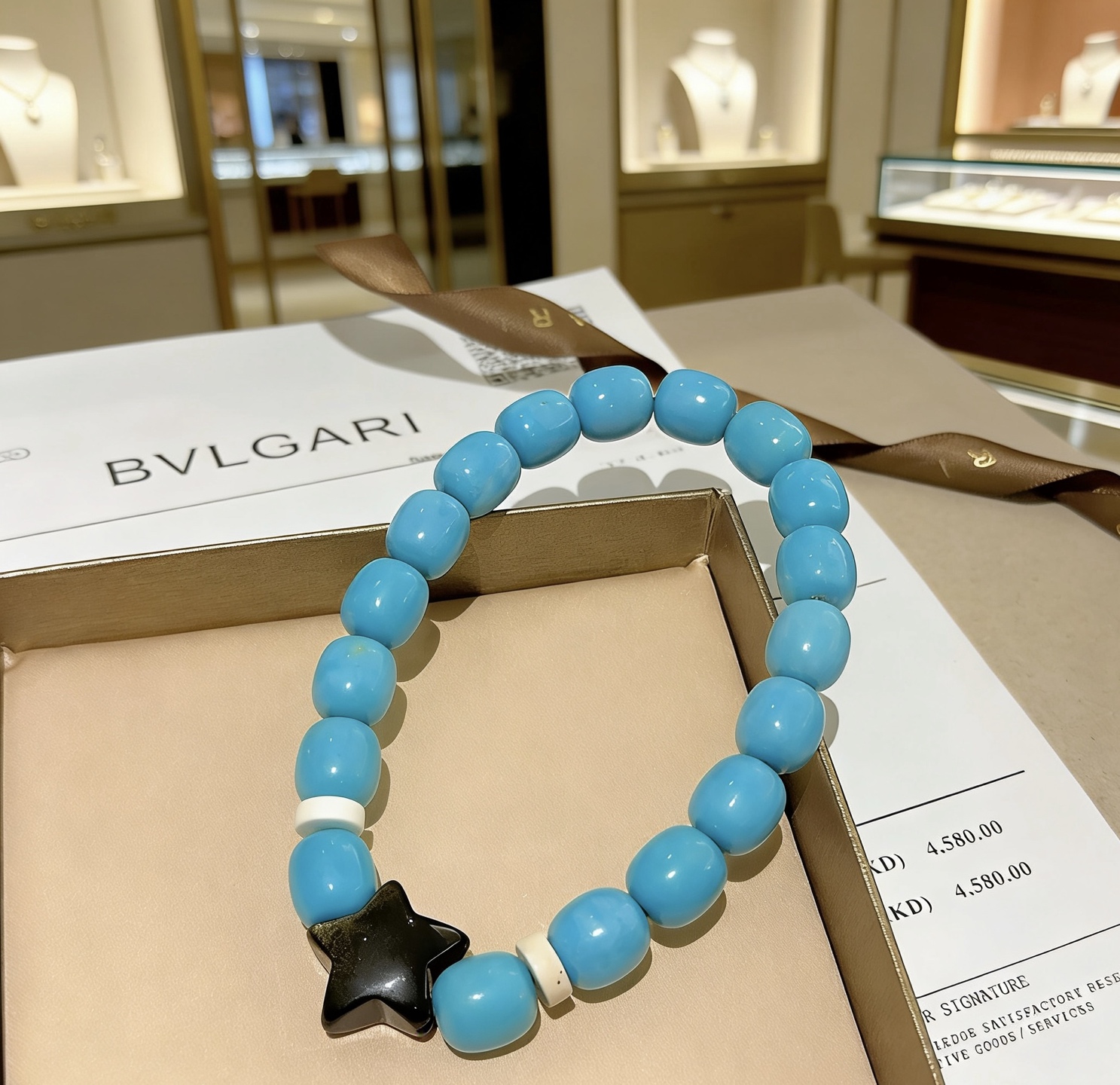 Bvlgari DIVAS DREAM bracelet light blue turquoise beads black onyx star charm white accent beads 18