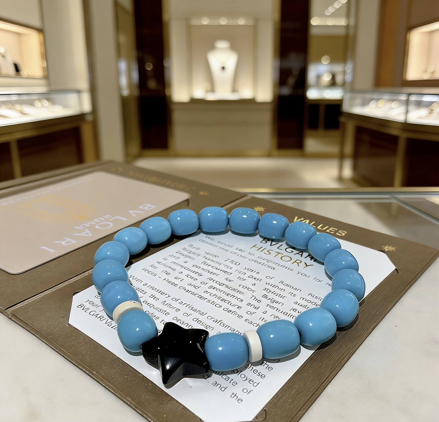 Bvlgari DIVAS DREAM bracelet light blue turquoise beads black onyx star charm white accent beads 18