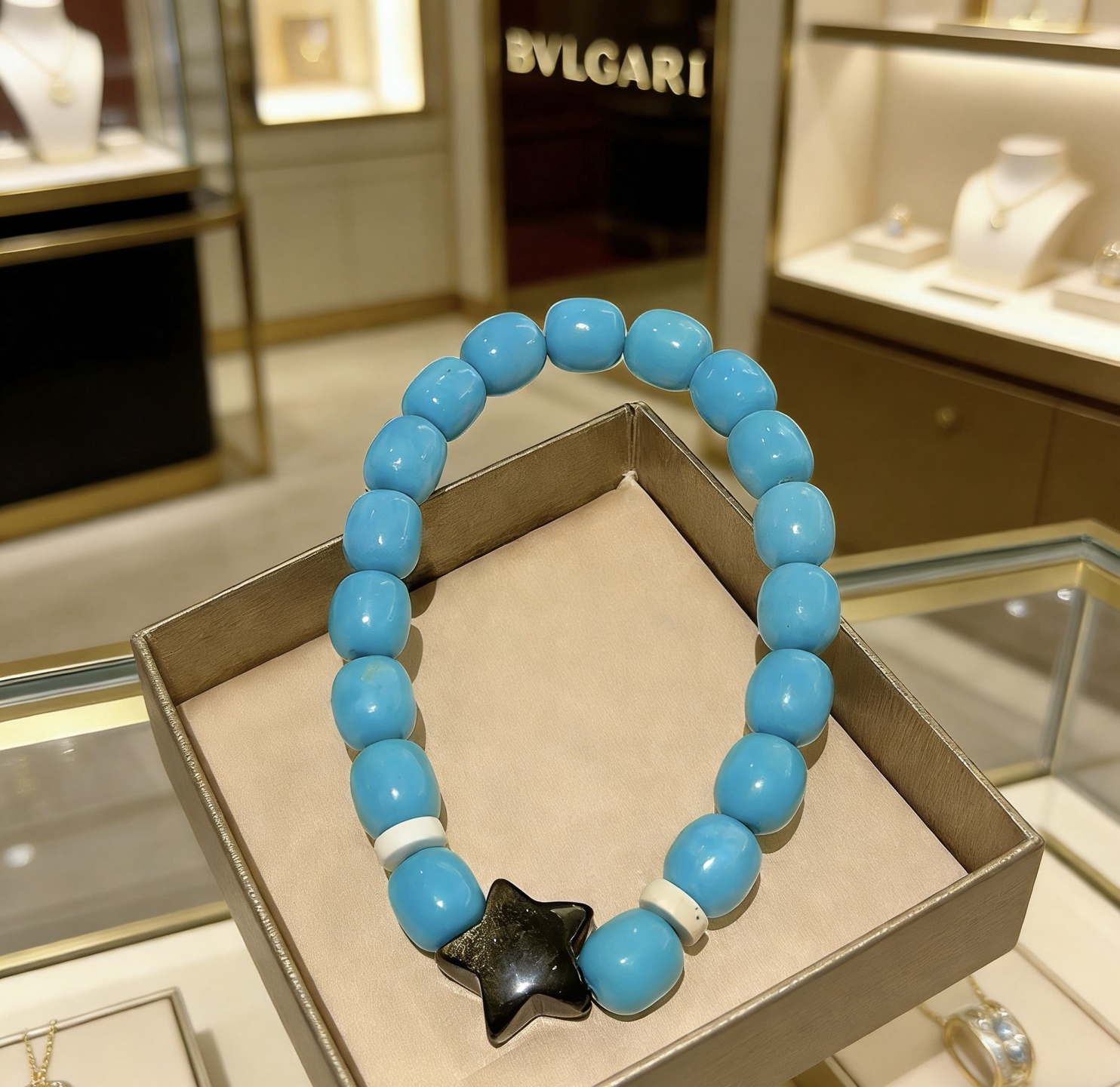 Bvlgari DIVAS DREAM bracelet light blue turquoise beads black onyx star charm white accent beads 18