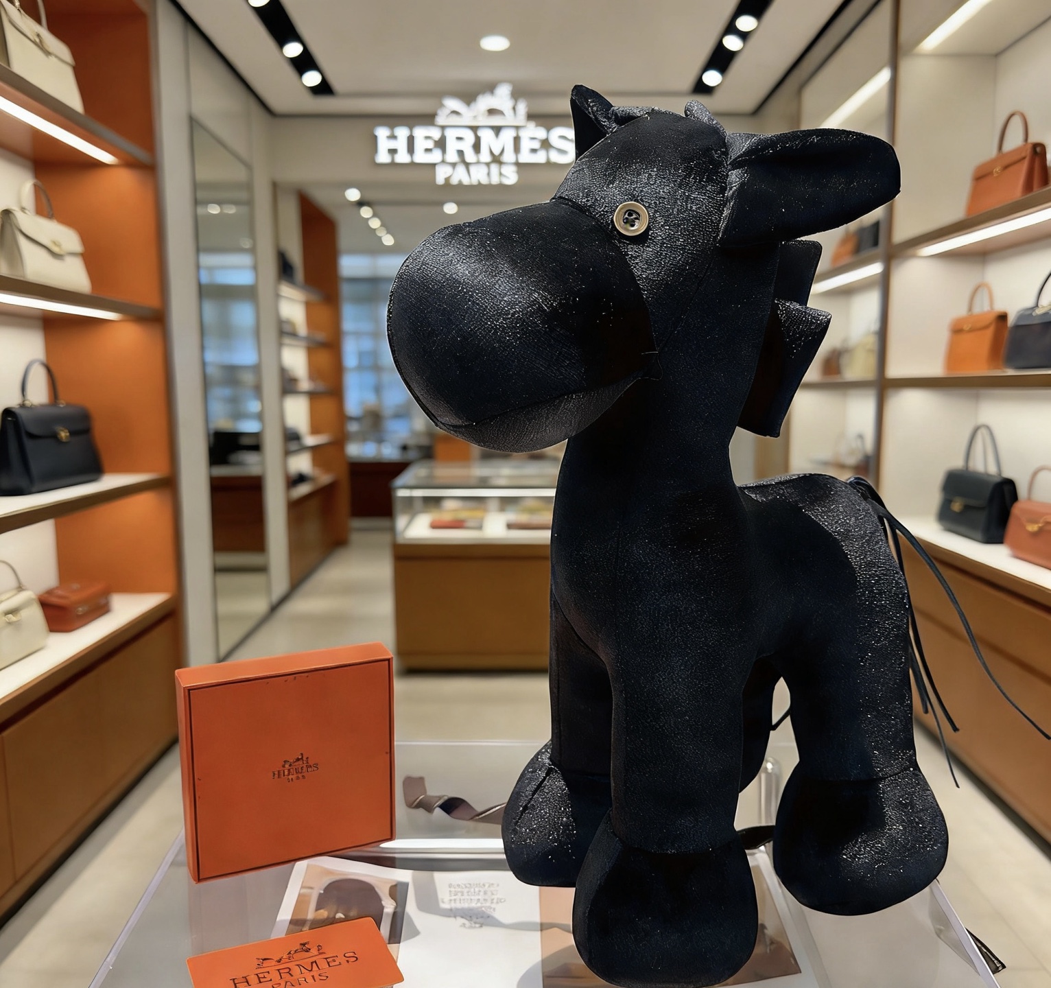 Spilla Hermes Hermy Plush Horse Tessuto nero con bottone color oro 35 cm