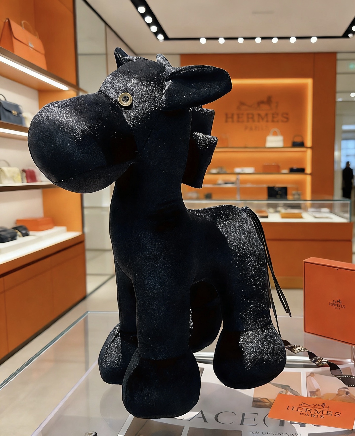Spilla Hermes Hermy Plush Horse Tessuto nero con bottone color oro 35 cm