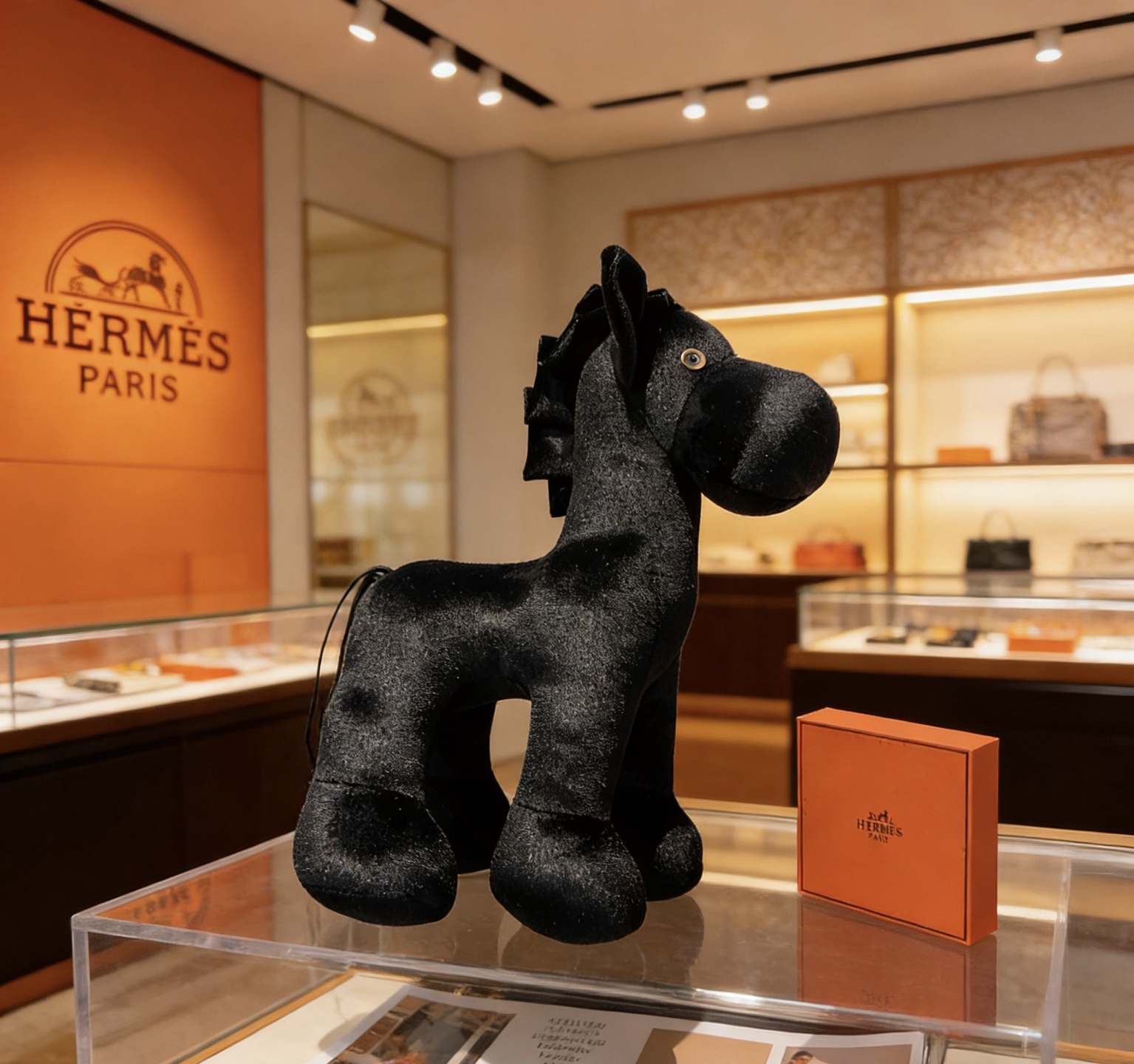 Spilla Hermes Hermy Plush Horse Tessuto nero con bottone color oro 35 cm