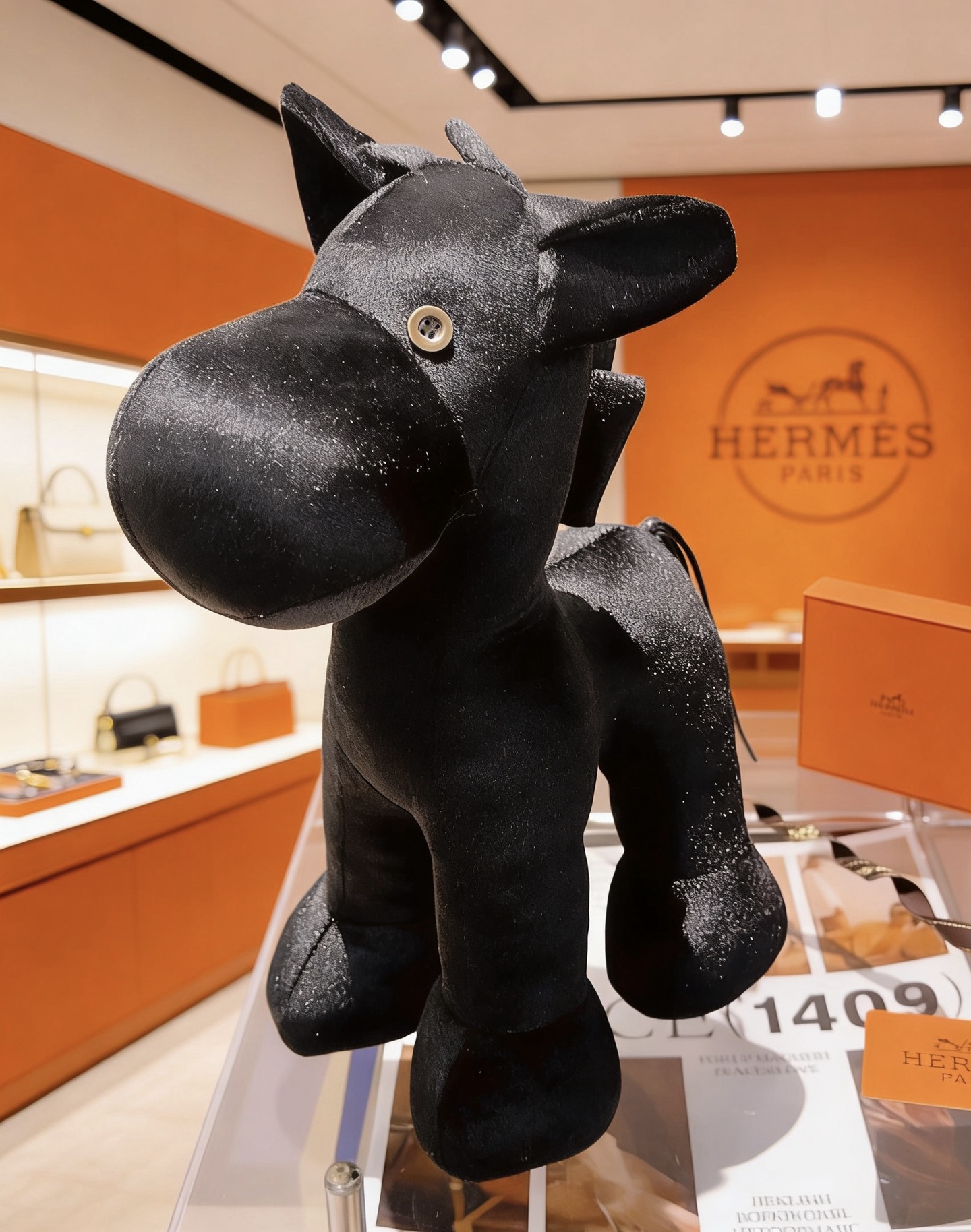 Spilla Hermes Hermy Plush Horse Tessuto nero con bottone color oro 35 cm