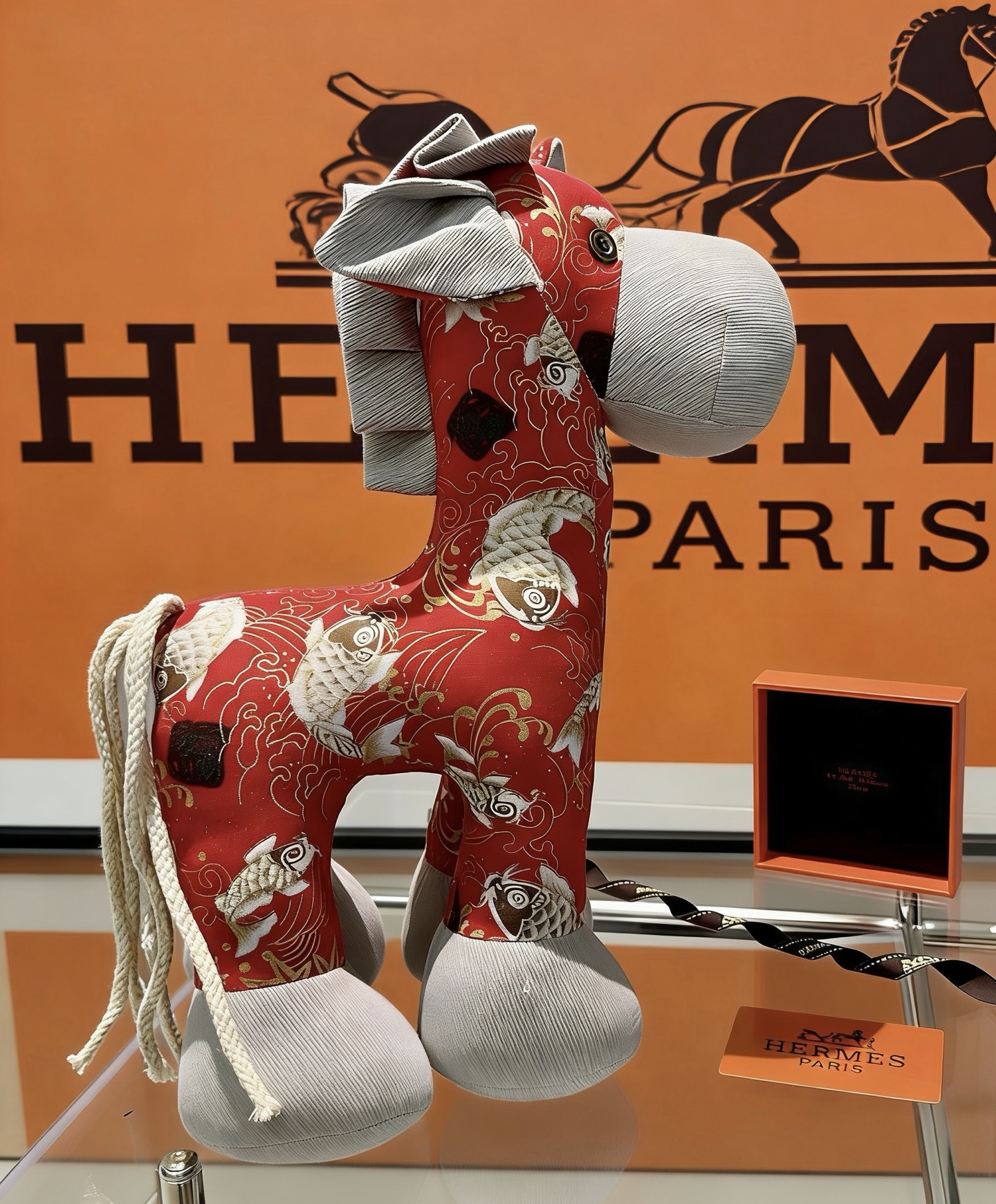 Spilla Hermes Hermy Horse in peluche Tessuto rosso con accenti in tessuto grigio stampa oro e pesce koi bianco 35 cm