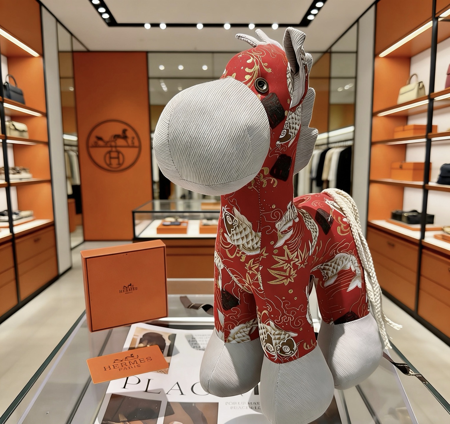 Spilla Hermes Hermy Horse in peluche Tessuto rosso con accenti in tessuto grigio stampa oro e pesce koi bianco 35 cm