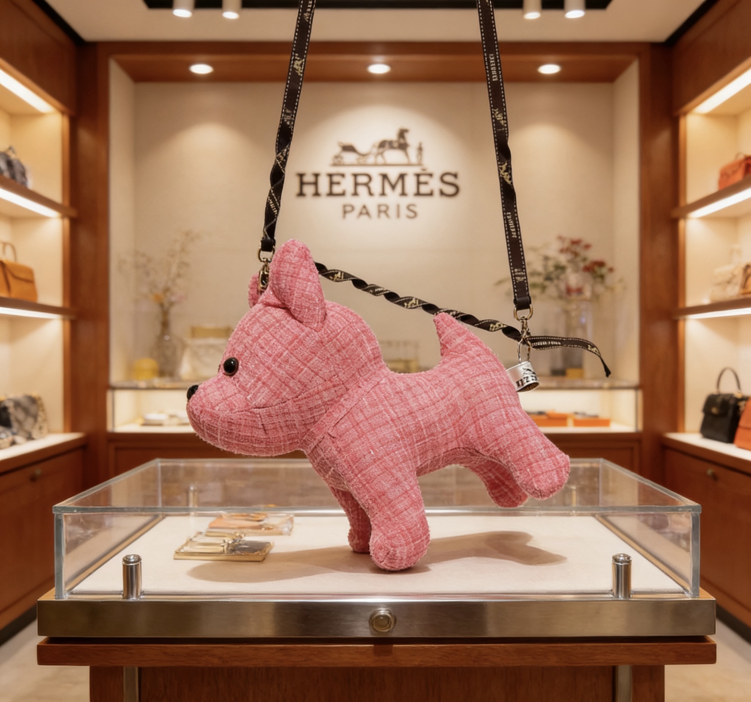 Spilla Hermes Plush Bulldog Decor Tessuto tweed rosa con accenti in plastica nera 28 cm