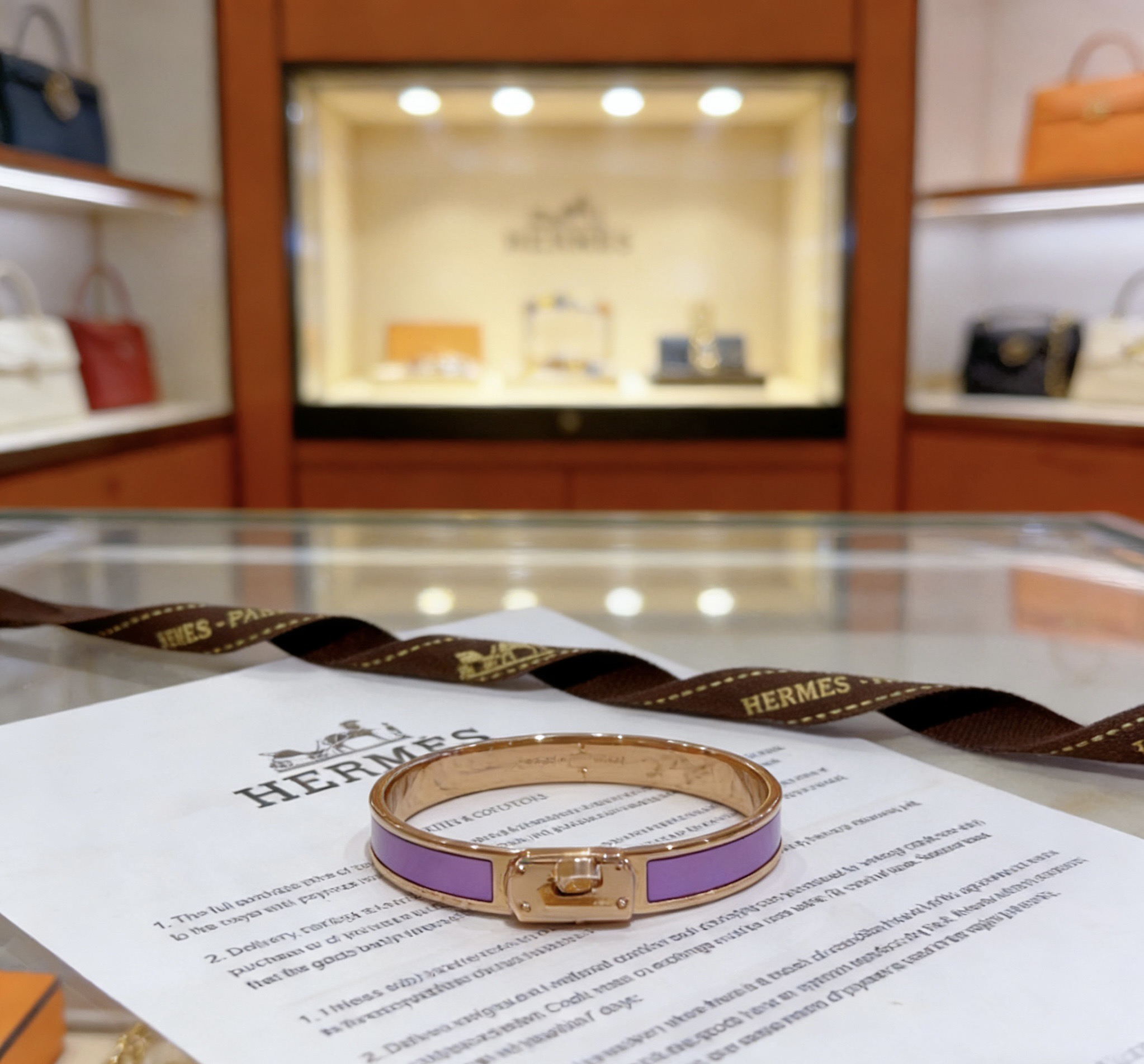 Bracciale Hermes Kelly in metallo oro rosa con smalto viola lavanda 17 cm