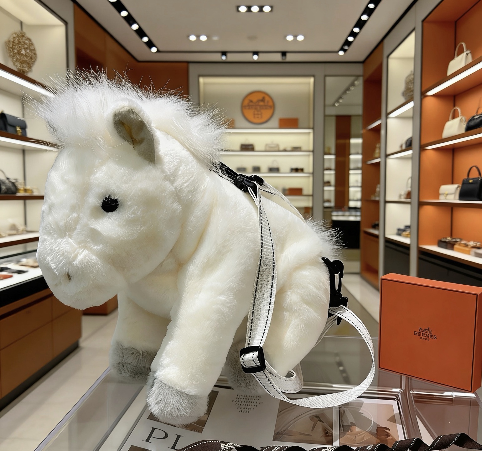 Borsa zaino Hermes Hermy Plush Pony Peluche bianco con accenti grigio chiaro hardware nero cinghie con cuciture a contrasto bianche 45 cm
