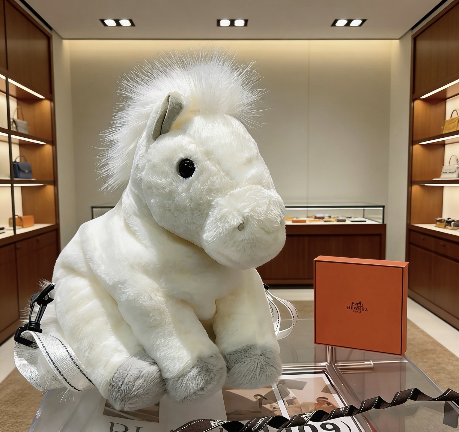 Borsa zaino Hermes Hermy Plush Pony Peluche bianco con accenti grigio chiaro hardware nero cinghie con cuciture a contrasto bianche 45 cm