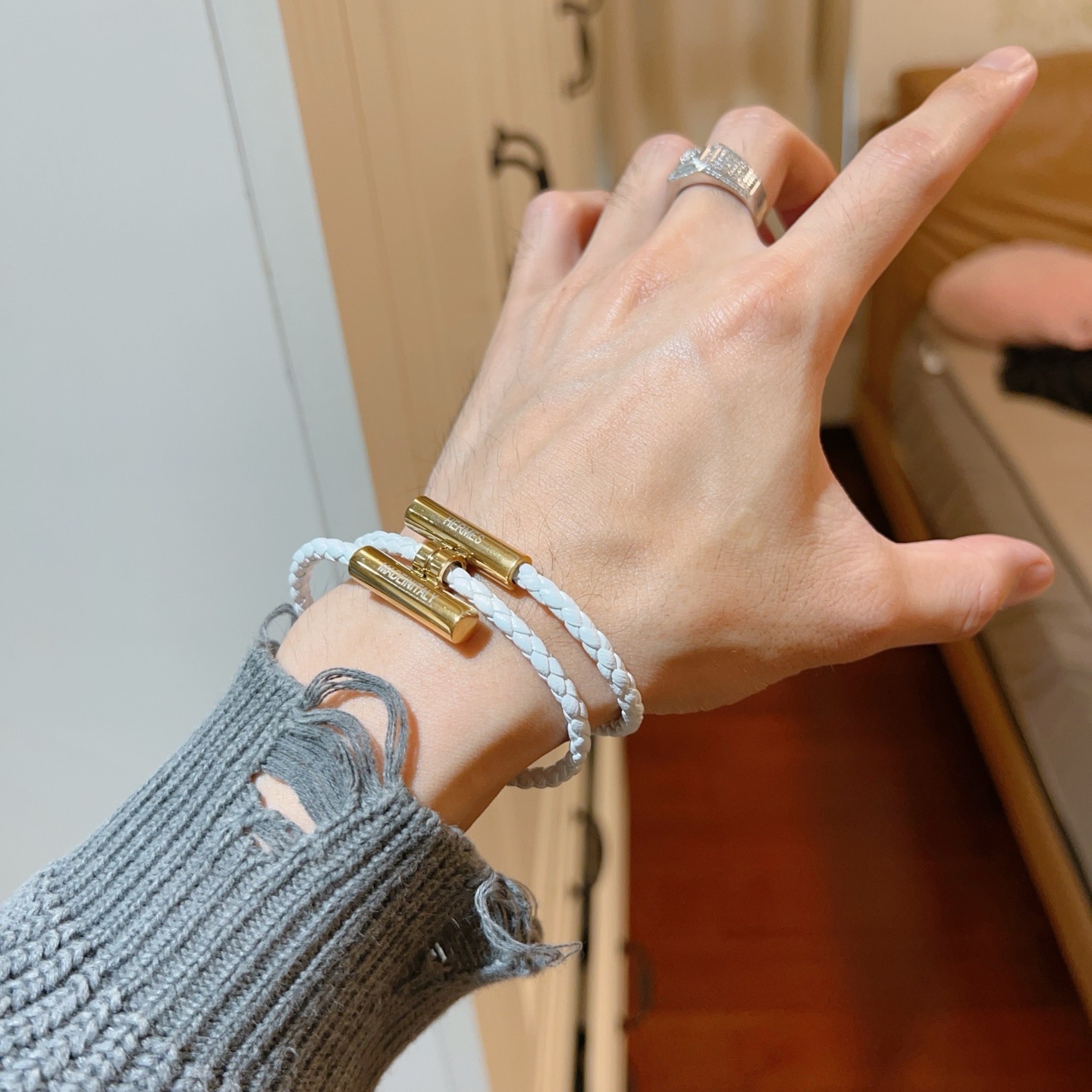 Bracciale Hermes Tournis Tresse Pelle intrecciata bianca con hardware in metallo color oro T2 17 cm