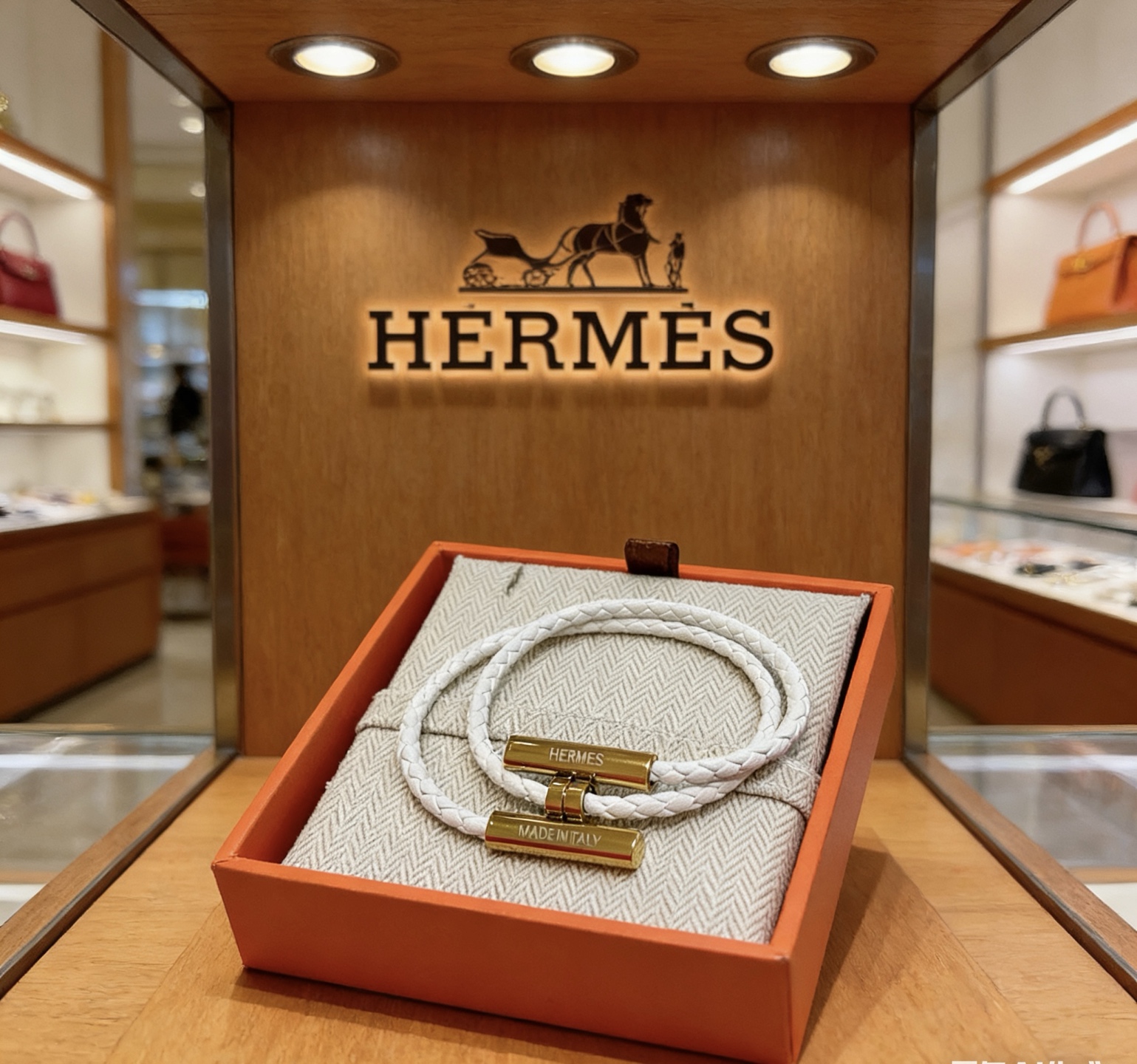 Bracciale Hermes Tournis Tresse Pelle intrecciata bianca con hardware in metallo color oro T2 17 cm
