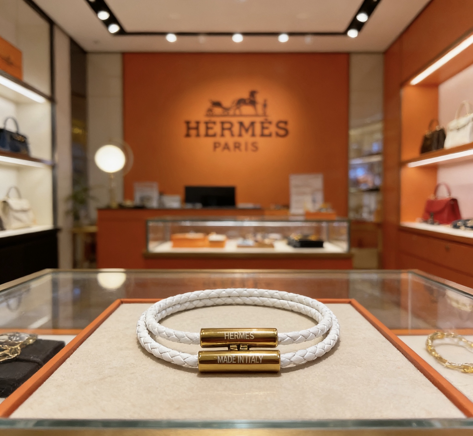 Bracciale Hermes Tournis Tresse Pelle intrecciata bianca con hardware in metallo color oro T2 17 cm