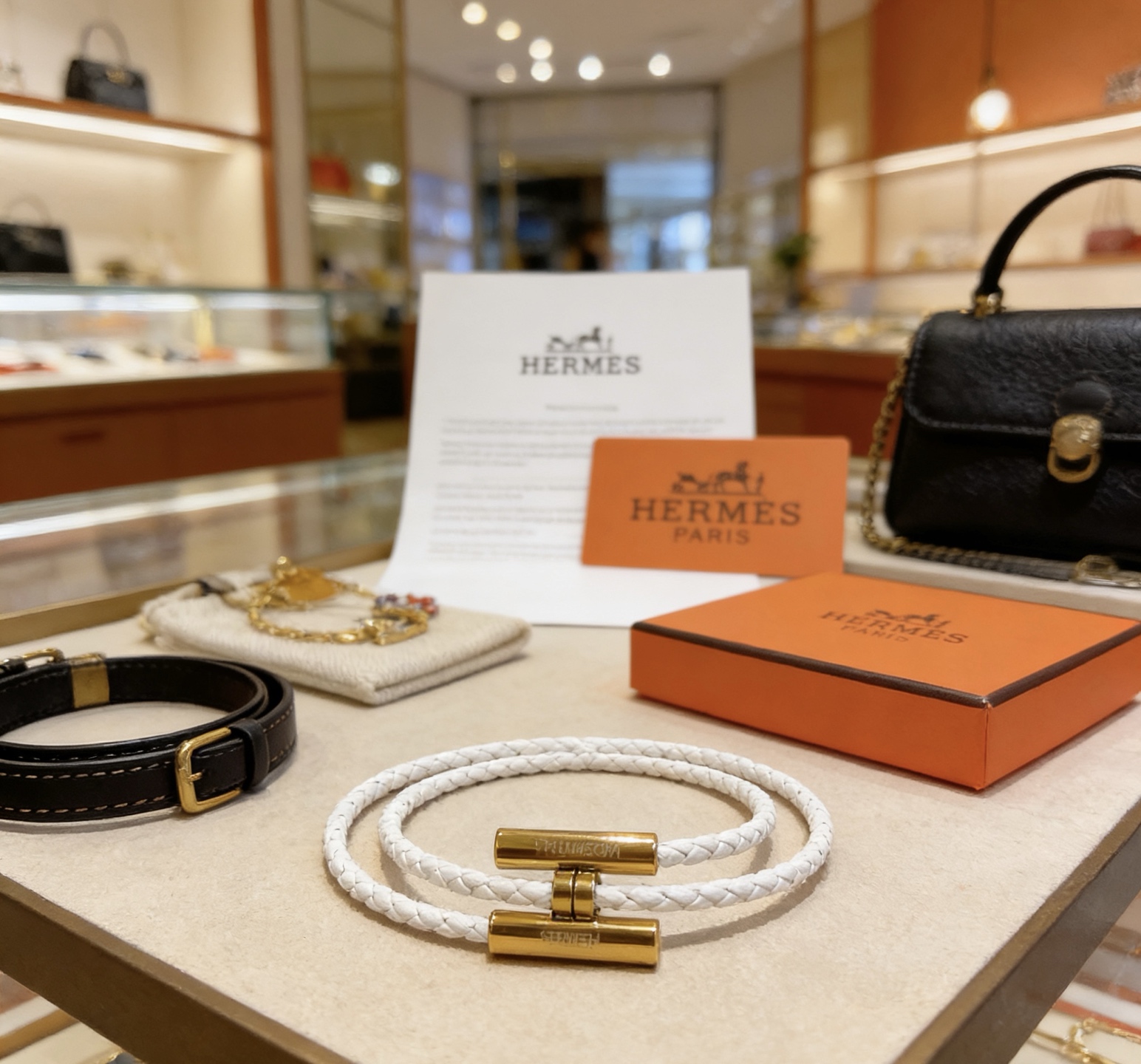 Bracciale Hermes Tournis Tresse Pelle intrecciata bianca con hardware in metallo color oro T2 17 cm