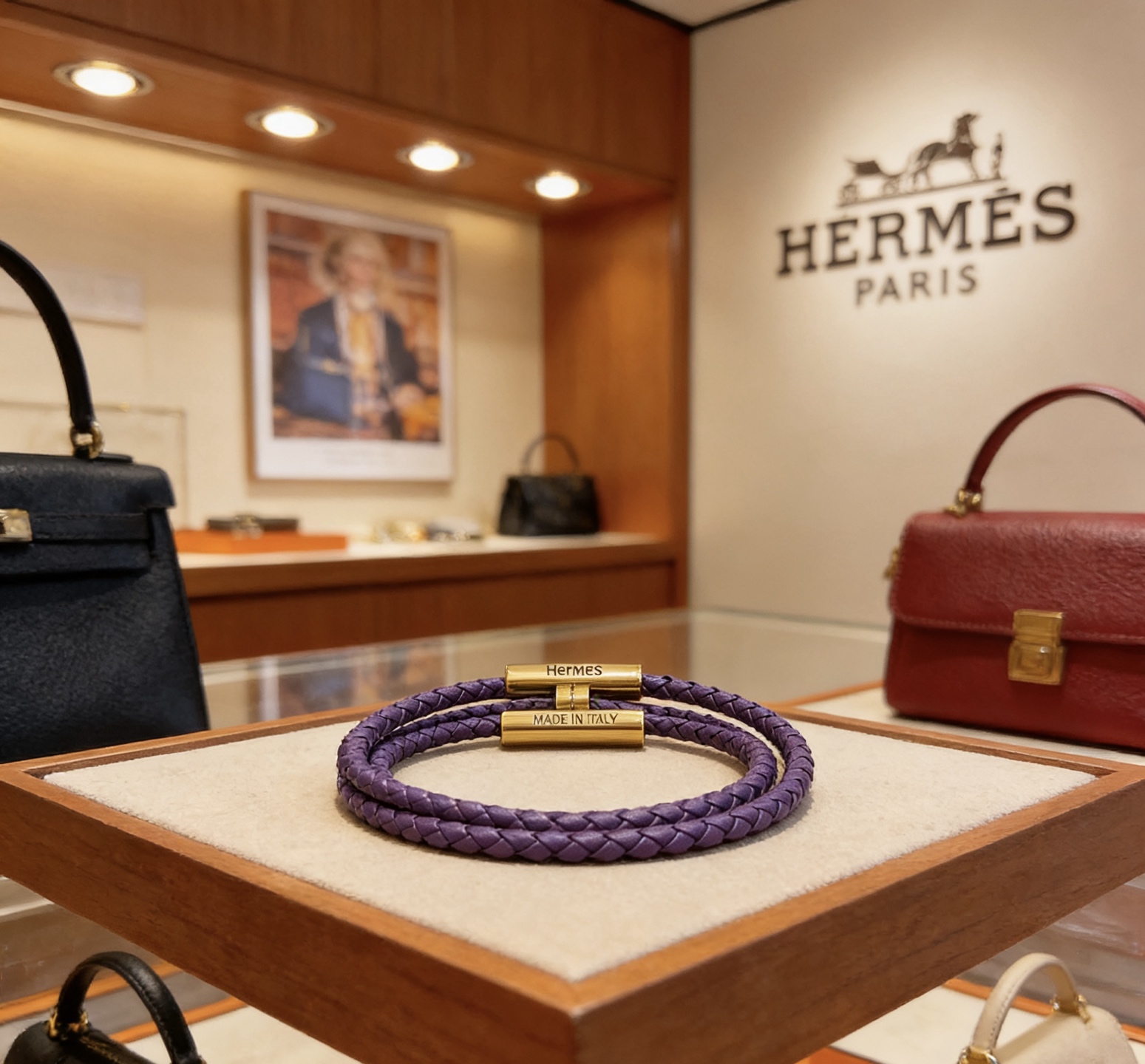 Bracelet Hermes Tournis Tresse Cuir tressé violet avec garniture en métal doré T3 19cm double tour