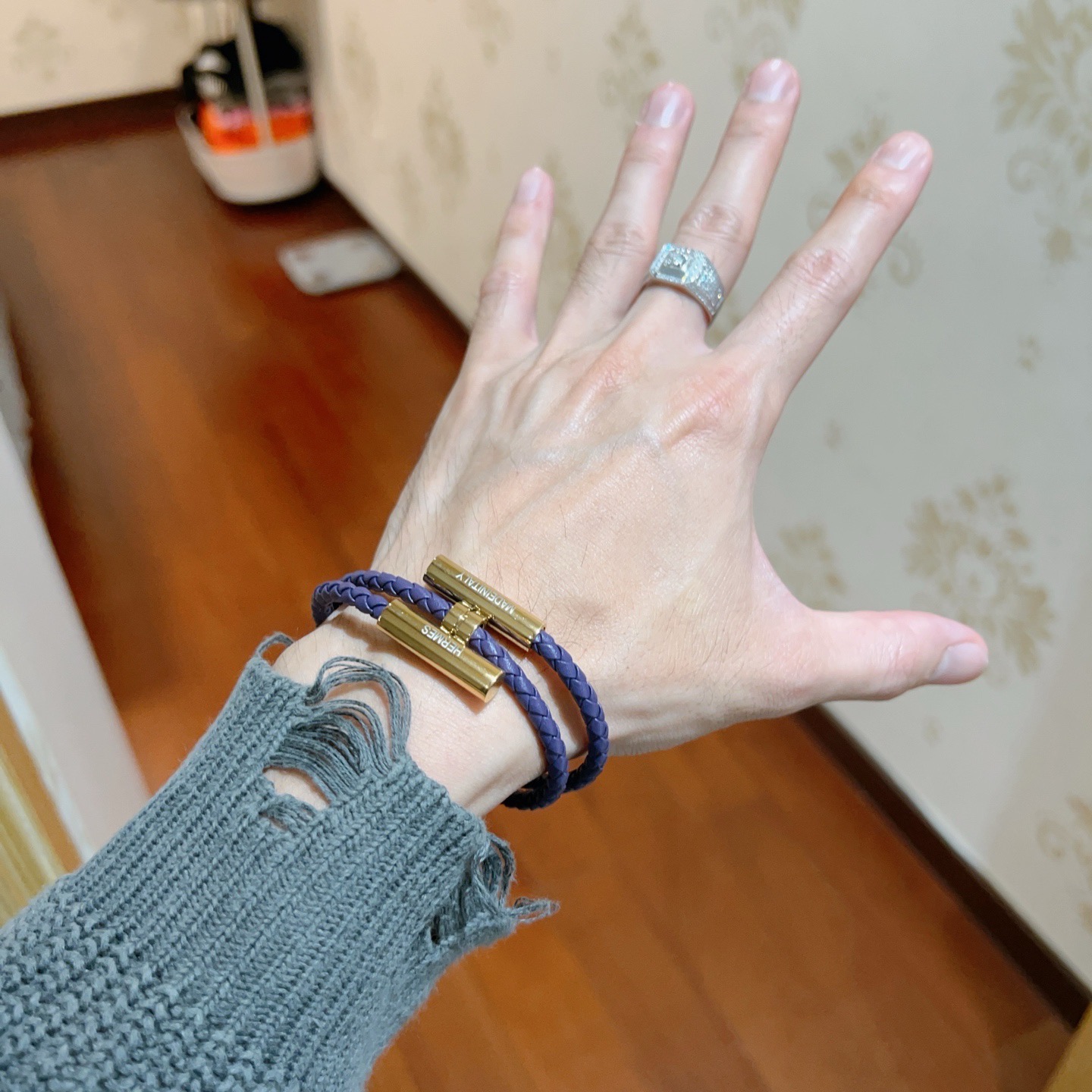Bracelet Hermes Tournis Tresse Cuir tressé violet avec garniture en métal doré T3 19cm double tour