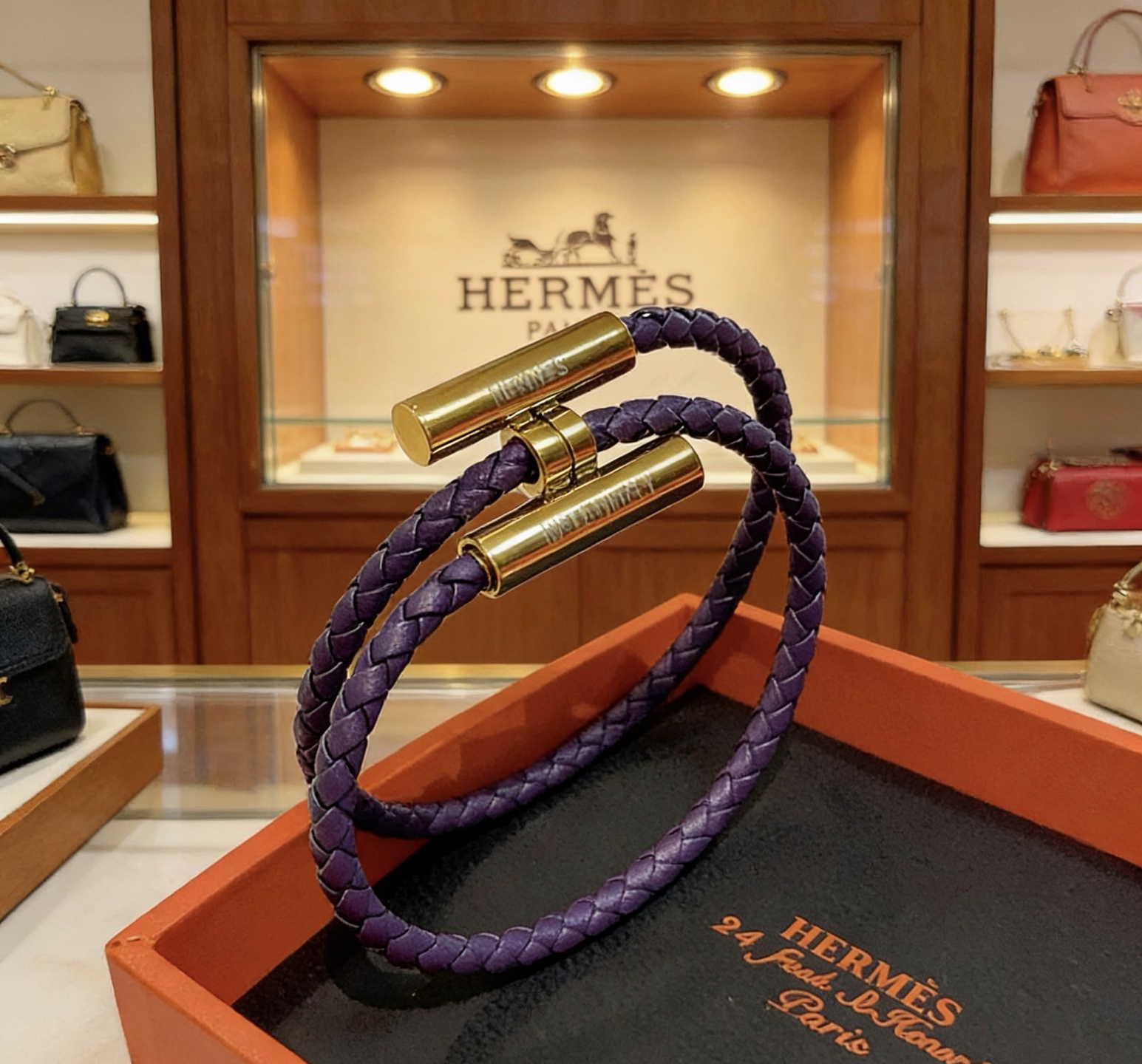 Bracelet Hermes Tournis Tresse Cuir tressé violet avec garniture en métal doré T3 19cm double tour