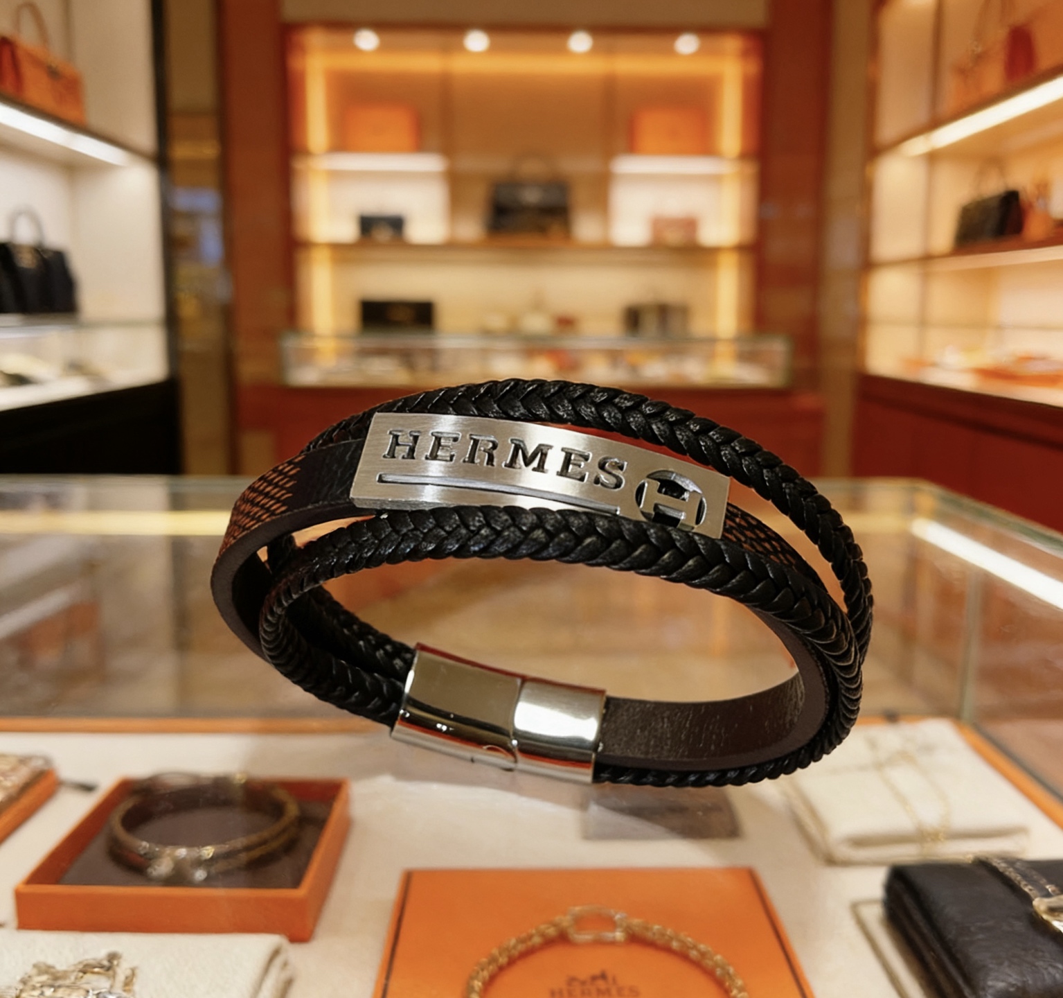 Bracciale Hermes H Tournis Tresse Pelle intrecciata nera Pelle marrone Hardware in metallo color argento palladio 19 cm