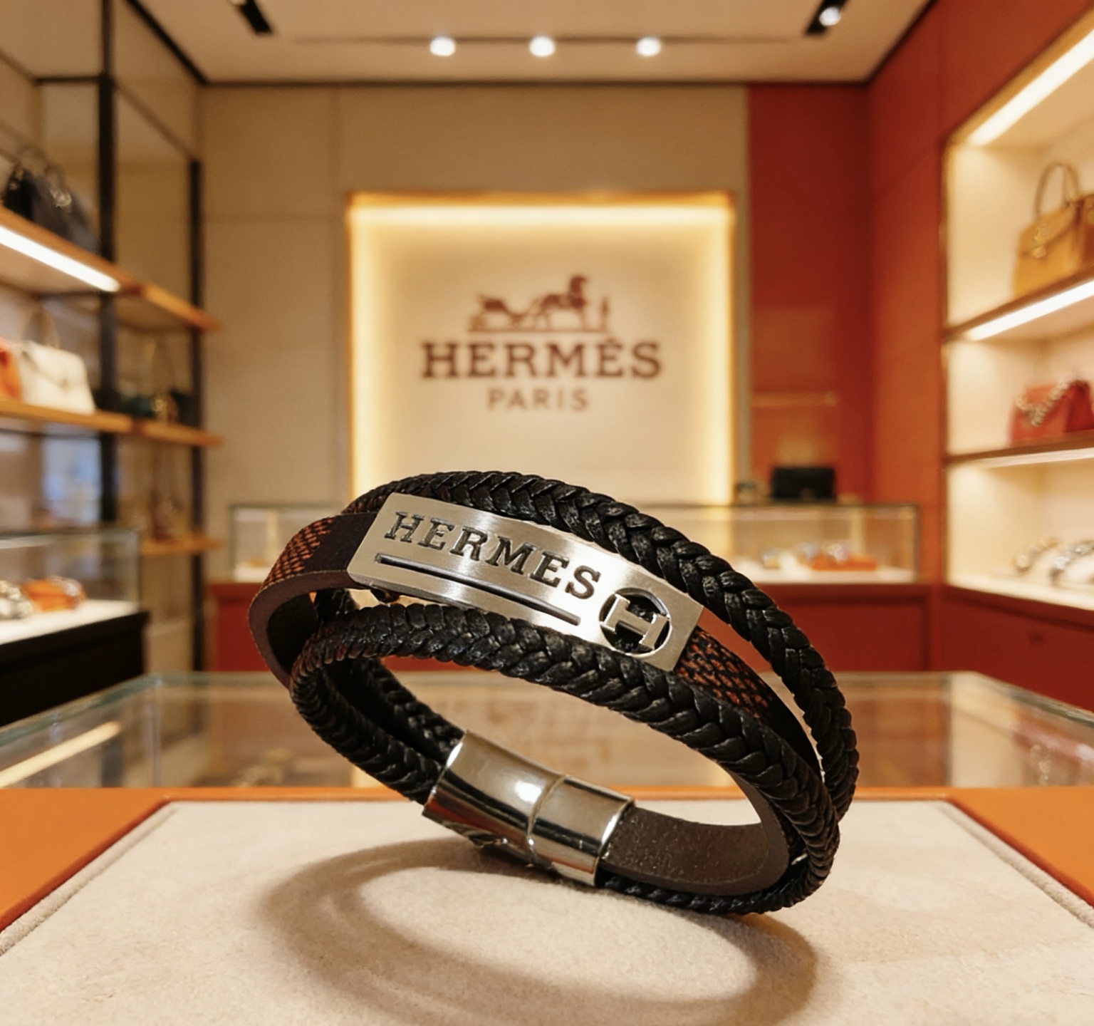 Bracciale Hermes H Tournis Tresse Pelle intrecciata nera Pelle marrone Hardware in metallo color argento palladio 19 cm
