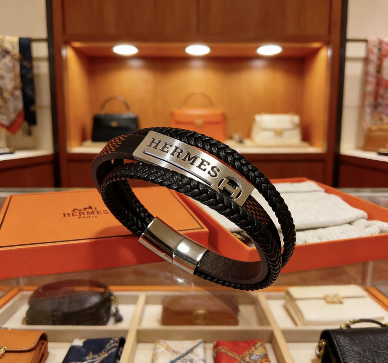 Bracciale Hermes H Tournis Tresse Pelle intrecciata nera Pelle marrone Hardware in metallo color argento palladio 19 cm
