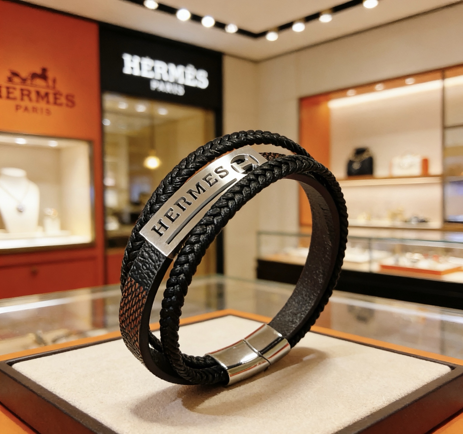 Bracciale Hermes H Tournis Tresse Pelle intrecciata nera Pelle marrone Hardware in metallo color argento palladio 19 cm
