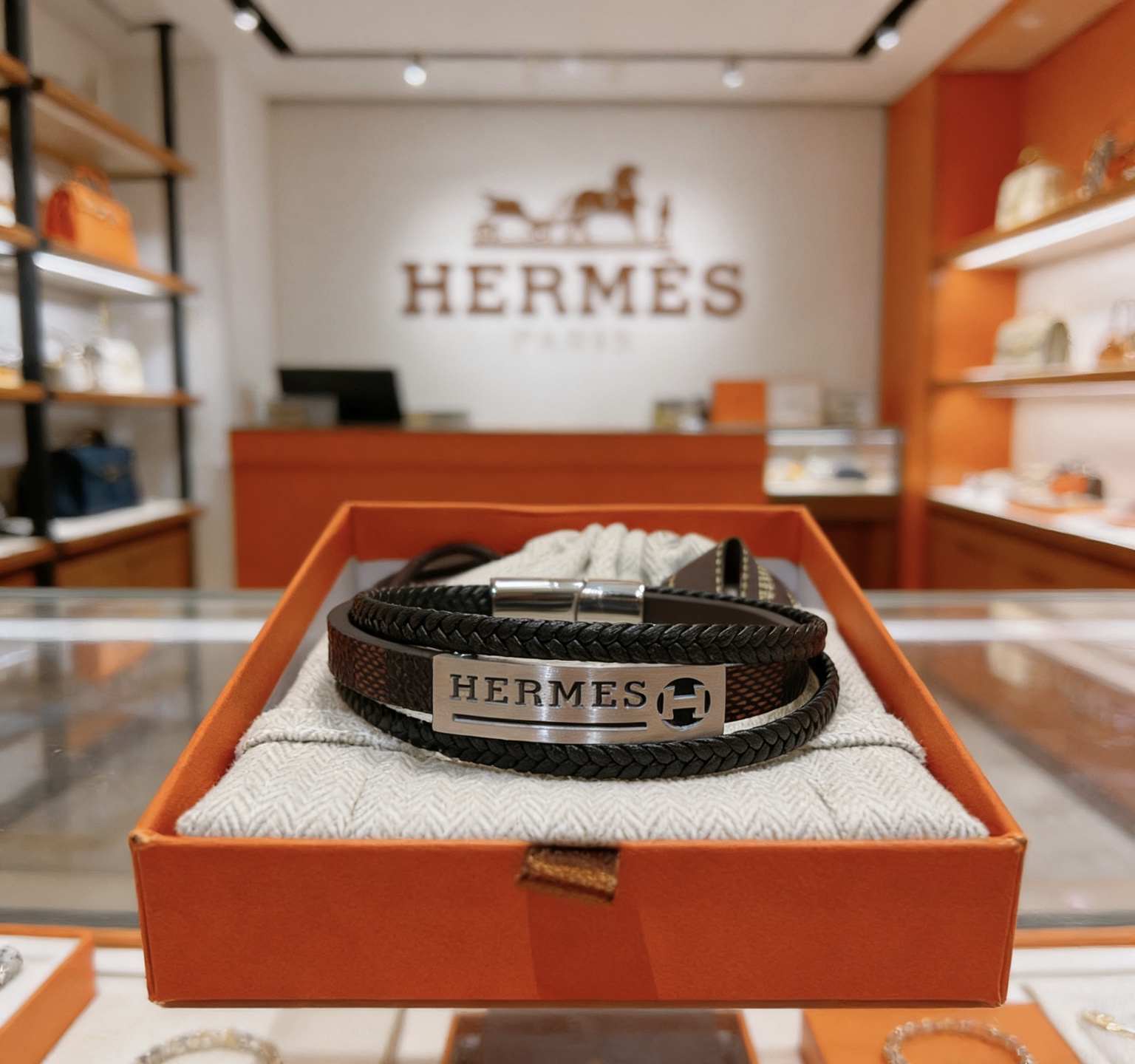Bracciale Hermes H Tournis Tresse Pelle intrecciata nera Pelle marrone Hardware in metallo color argento palladio 19 cm