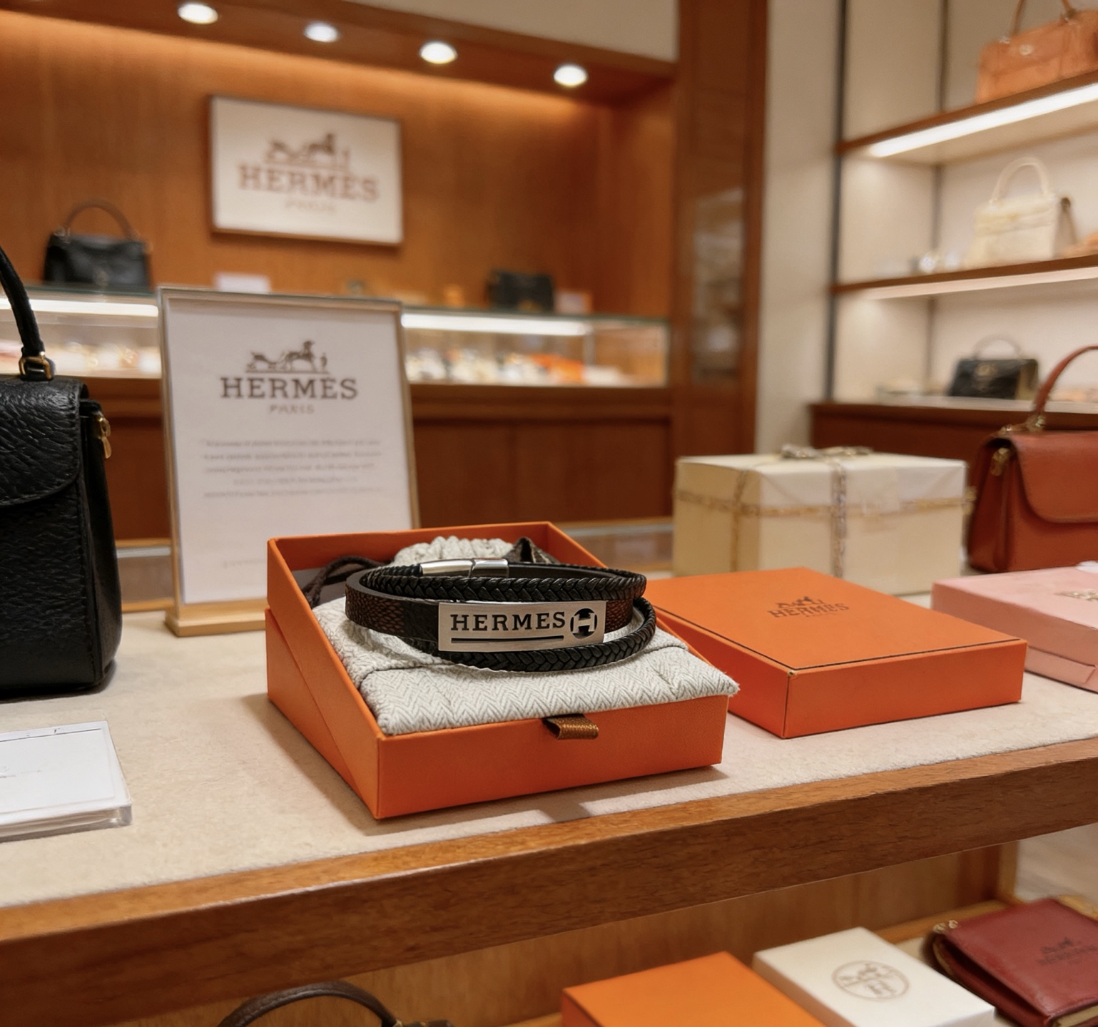 Bracciale Hermes H Tournis Tresse Pelle intrecciata nera Pelle marrone Hardware in metallo color argento palladio 19 cm
